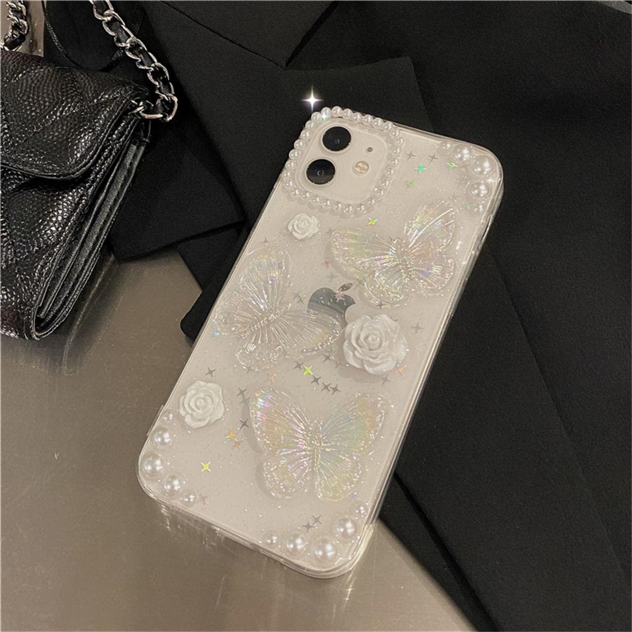 Fycyko iPhone 15 Case - 3D Butterfly Floral Clear Phone Cover with Glitter & Crystal Sparkle Design | Aesthetic Protective Case for Women & Teen Girls | Includes Pearl Chain | Perfect for Everyday Use, Parties & Gifts