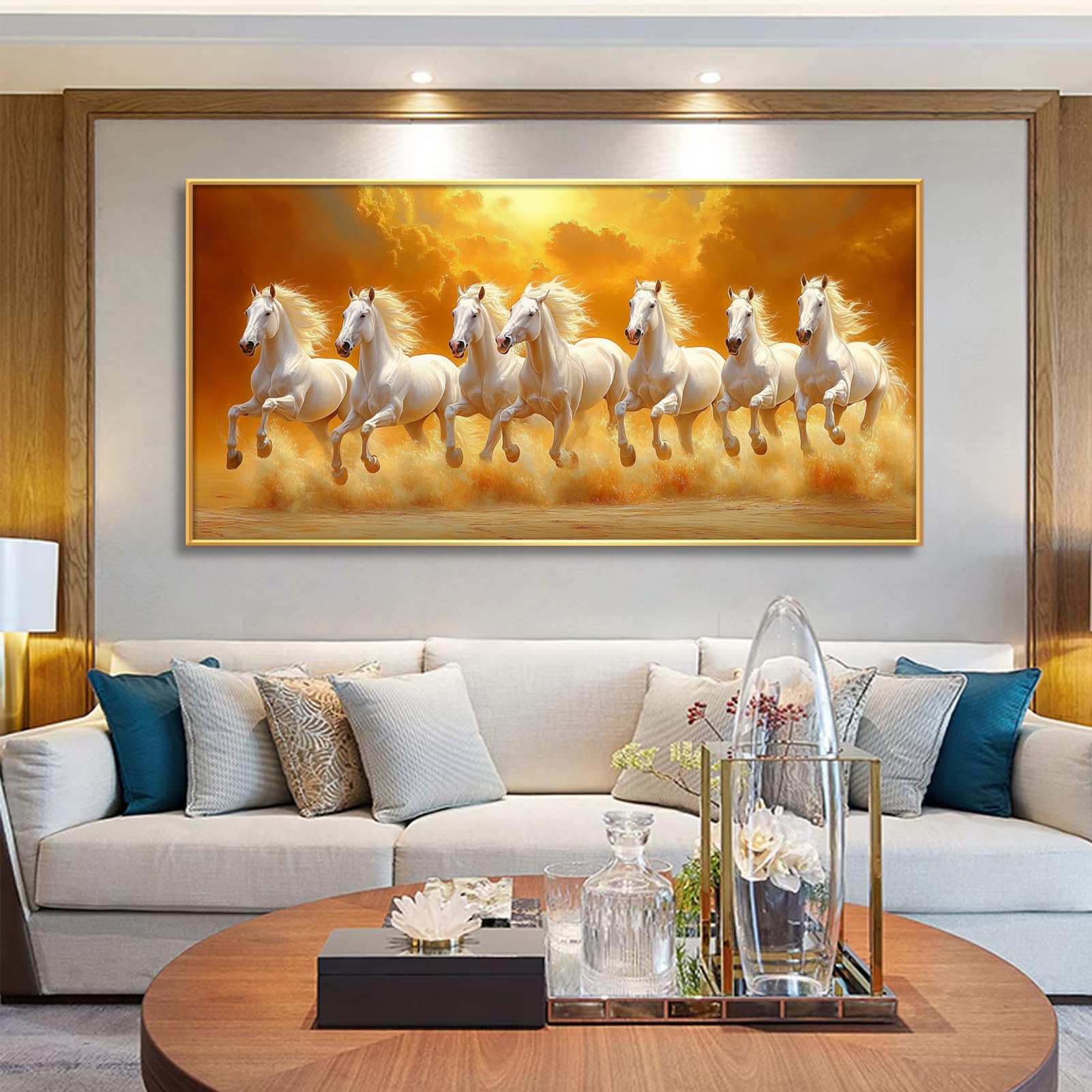 7 Running White Horses Canvas Wall Art - Gold Metal Framed (23