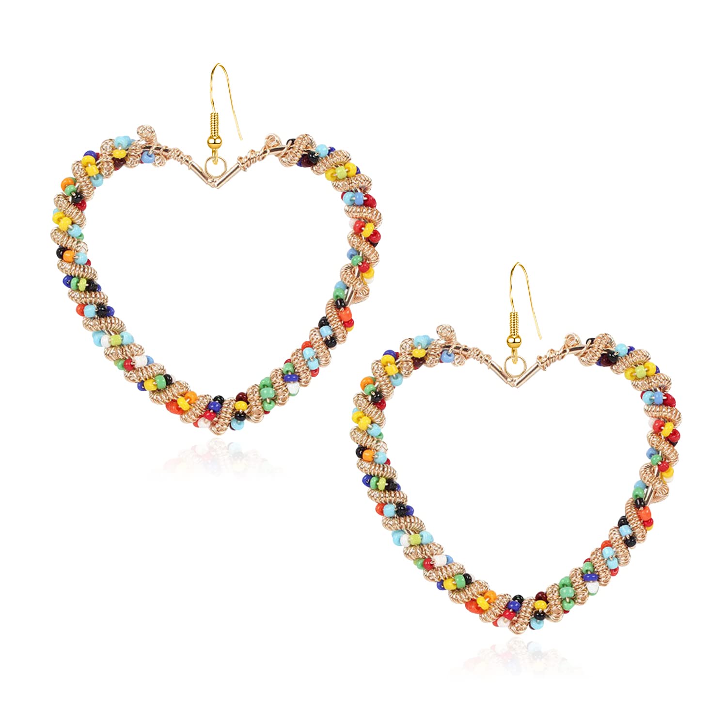 Handmade Boho Colorful Love Heart Beaded Hoop Earrings for Women - Bohemian Circle Round Beaded Dangle Drop Earrings, Unique Chic Oval Geometry Jewelry - Perfect for Festival, Wedding, Party & Funny Gift Giving