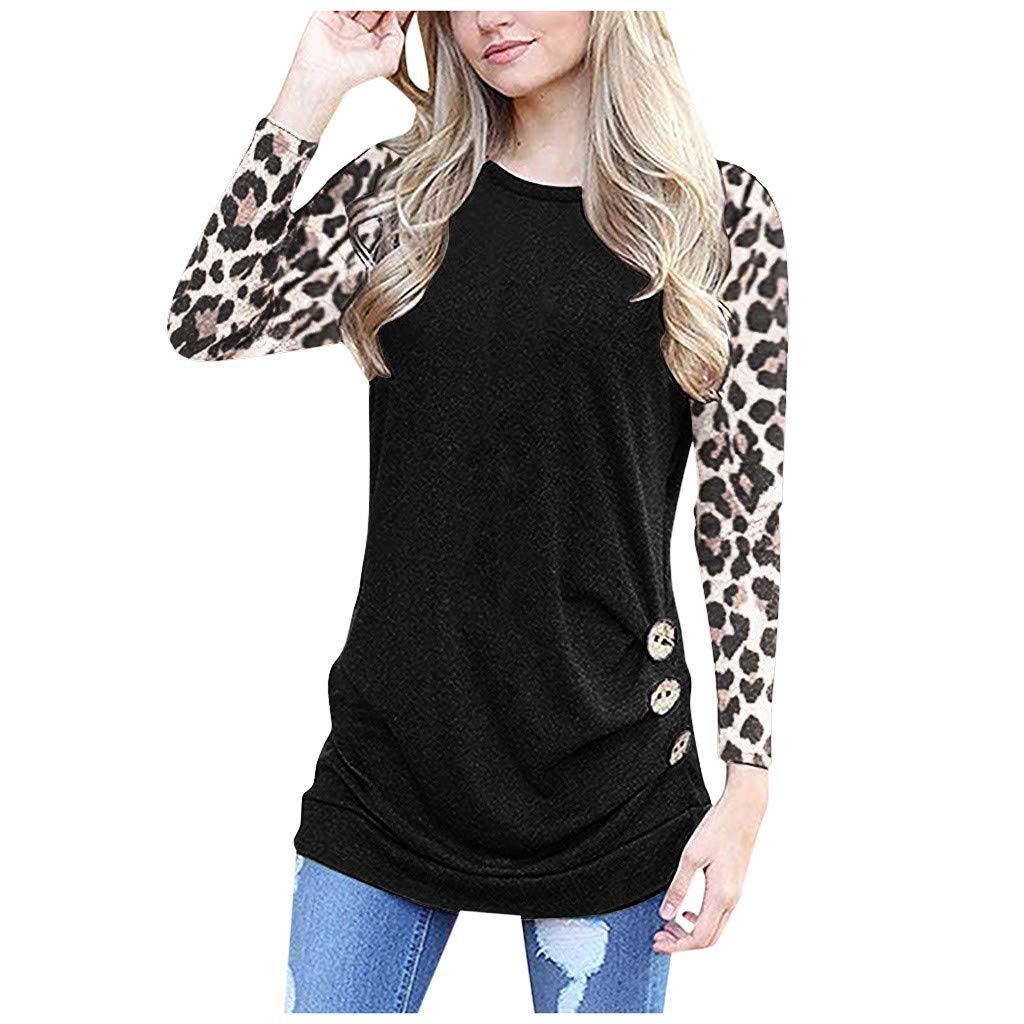 Eduavar Women's Long Sleeve Crewneck T-Shirt - Leopard Colorblock Casual Loose Pullover Blouse for Women & Girls | Fashion Top for Everyday Wear, Work & Outfits