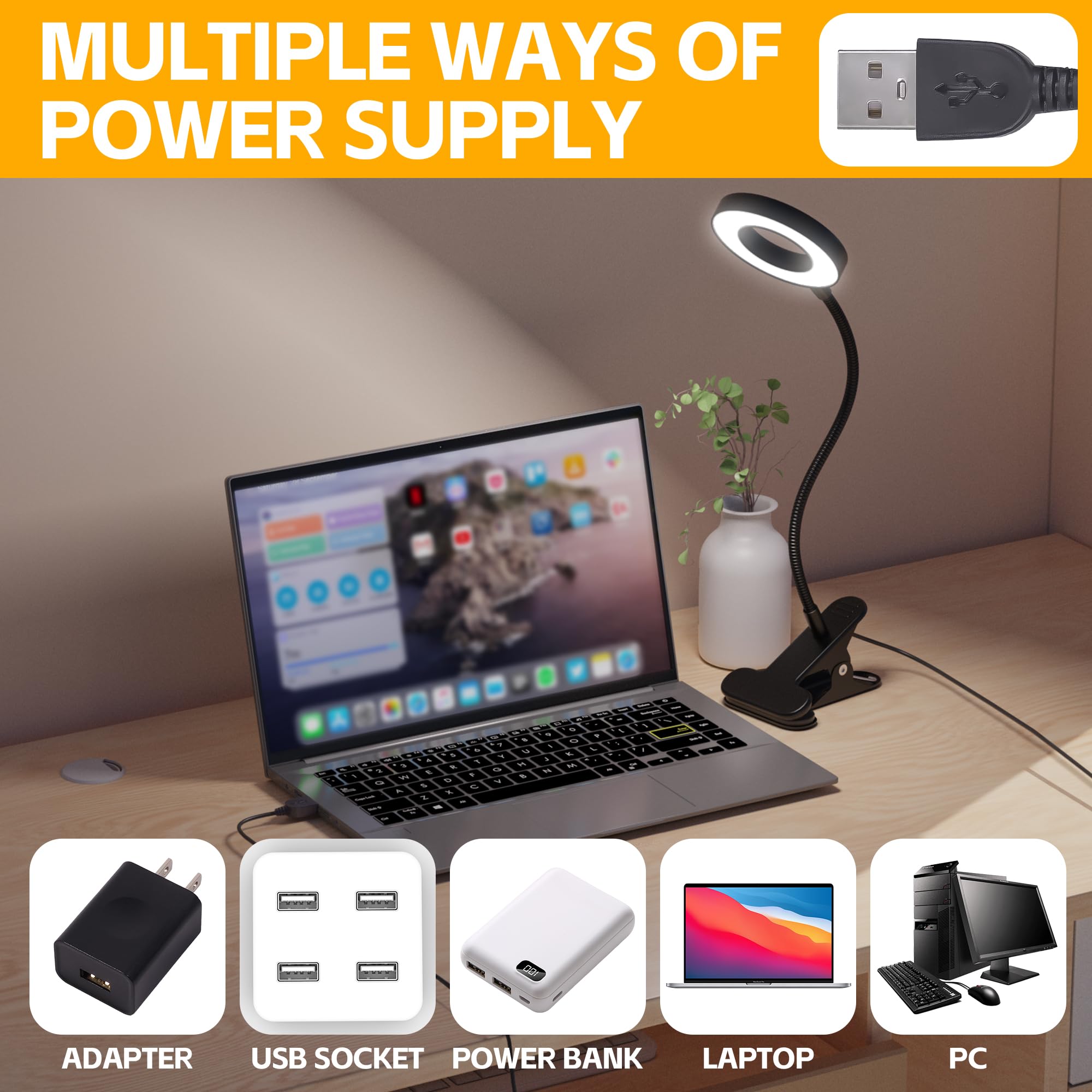 Foneso 48 LED USB Clip On Desk Lamp - 3 Color Modes & 10 Brightness Levels, 360° Adjustable Gooseneck Eye Protection Light for Reading, Studying, Makeup, Office Work, and Nightstand Use