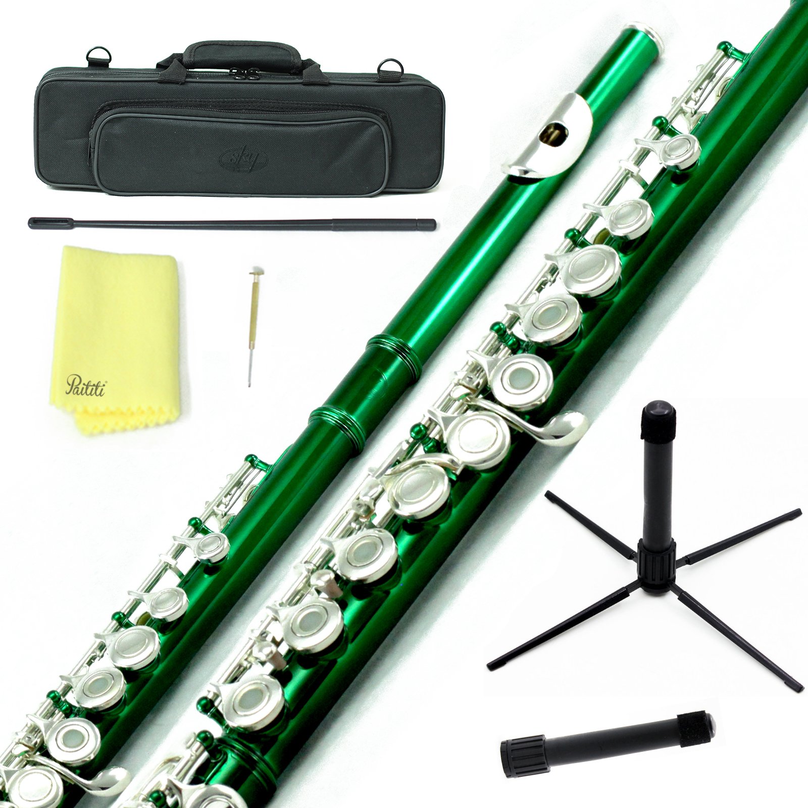 Sky C Flute with Lightweight Case - Professional Open Hole Flute Set Includes Cleaning Rod, Cloth, Joint Grease & Screwdriver (Green/Silver) - Perfect for Beginners, Students & Band Performances