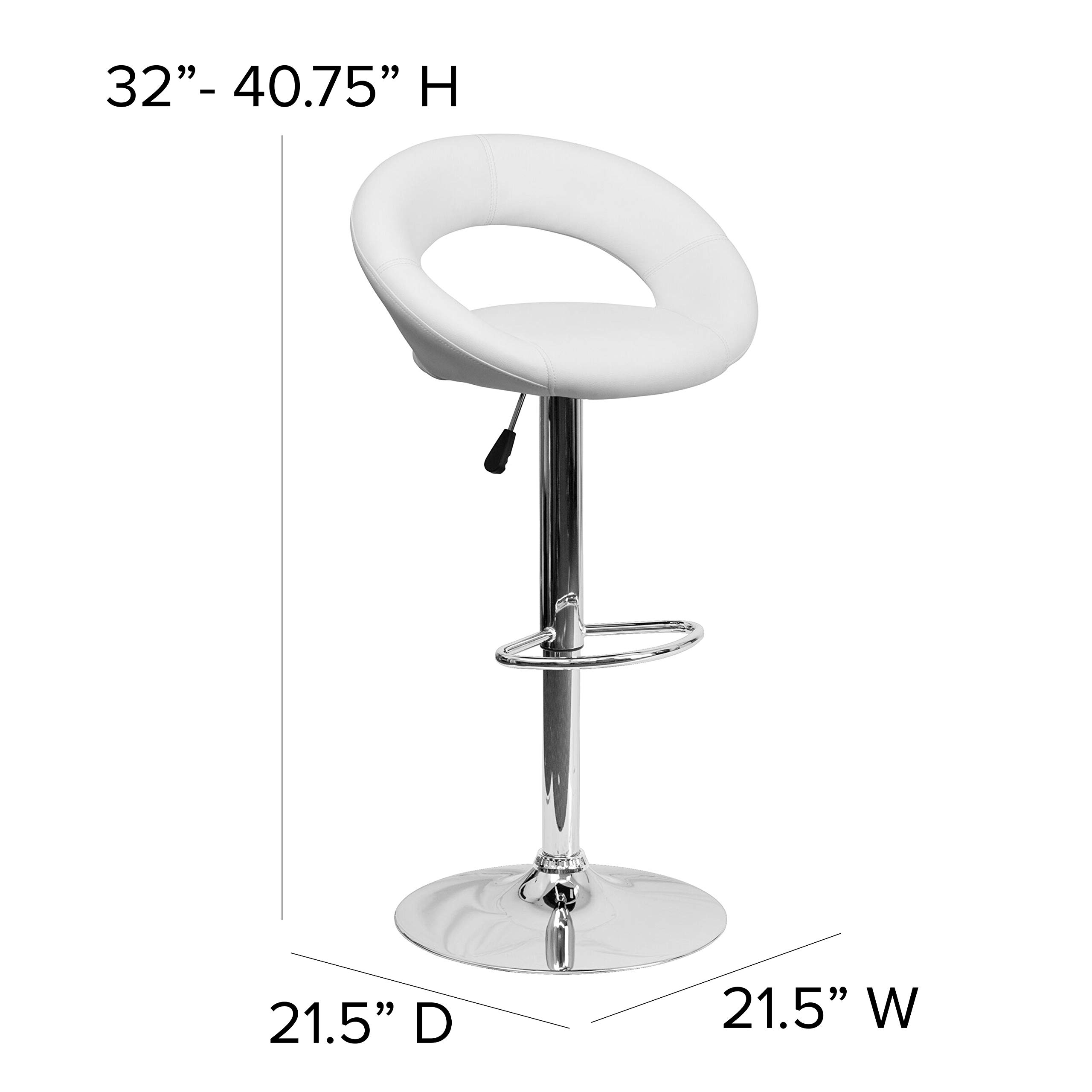 Flash Furniture Anthony 2-Pack White Vinyl Adjustable Height Bar Stools with Chrome Base - Modern Orbit-Style Back Design for Kitchen Island, Breakfast Bar & Home Decor
