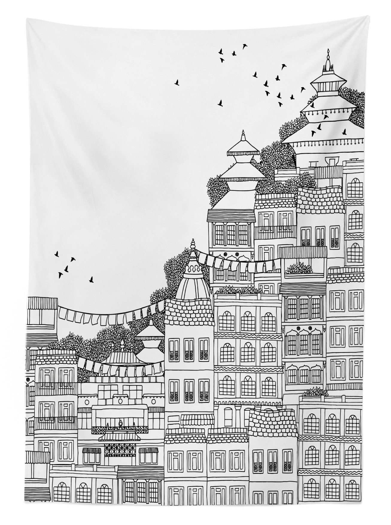 Ambesonne Nepal Outdoor Tablecloth - Hand Drawn Monochrome Kathmandu Urban Scene, Washable Picnic Table Cover 58
