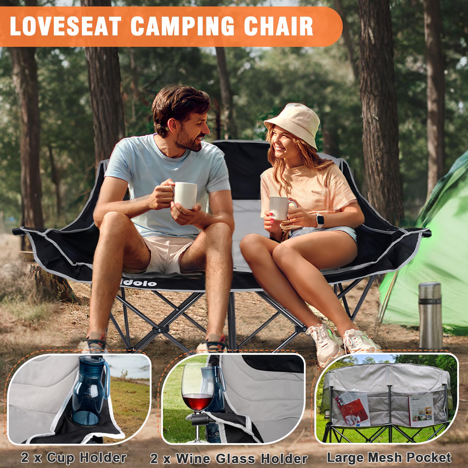 **Double Camping Chairs for Adults - Oversized Folding Loveseat Outdoor Chairs with Cup Holder & Wine Glass Holder, Heavy Duty 600Lbs Capacity, Perfect for Camping, Picnics, Beach & Backyard (Grey)**