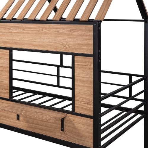 Twin Size Metal Loft Bed with Roof, Window & Guardrail - Playhouse Design with Ladder & Fence-Shaped Rail - Perfect for Kids' Bedroom, Dorm Room or Play Area - Black