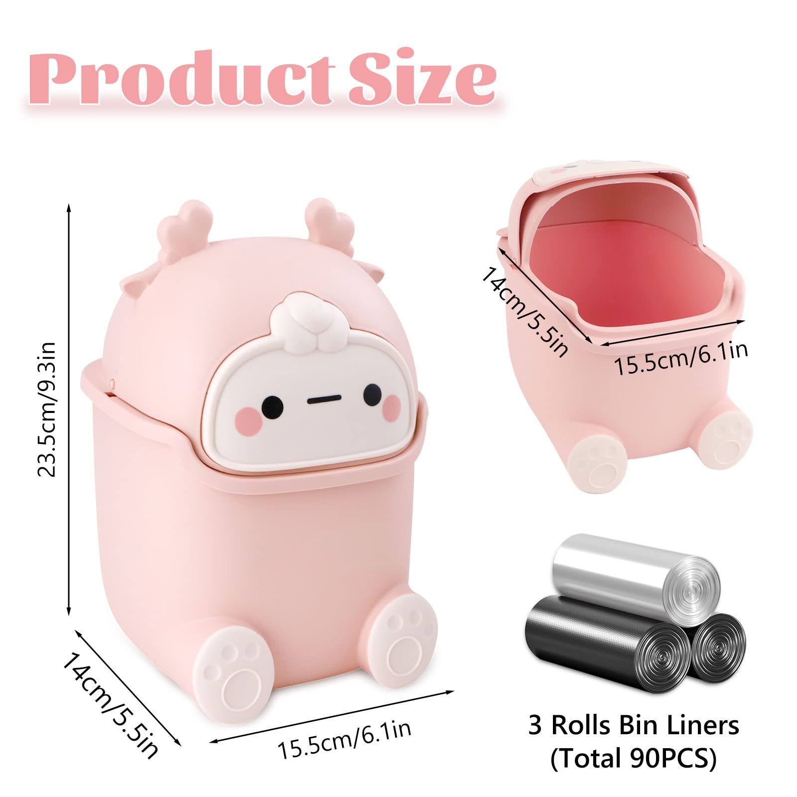 QLFJ-FurDec Small Wastebasket with Lid - Cute Mini Office Trash Can, 15.5 x 14 x 23.5cm Desk Dustbin with 3 Rolls Bin Liners, Cartoon Design for Home, Bedroom, Vanity Tabletop & Office Use (Pink) - Perfect for Small Spaces, Makeup Stations & Workspaces