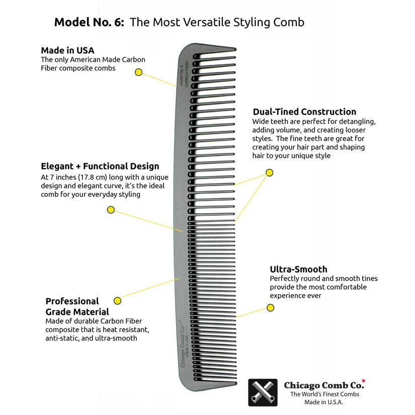 Chicago Comb Co. Model No 6 Carbon Fiber Comb - Premium Hair Styling Comb for Men & Women | Perfect for Travel, Grooming & Everyday Use