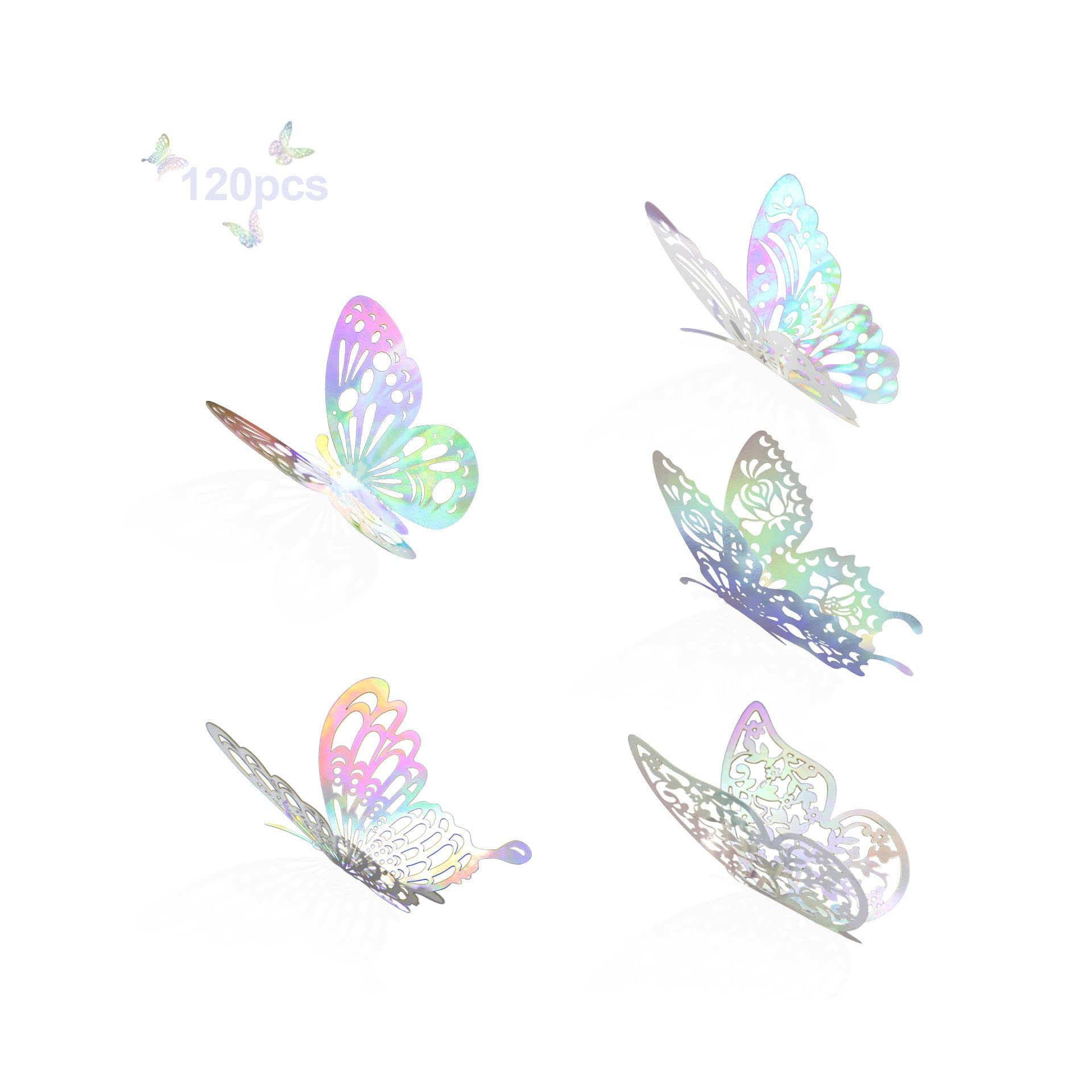 120Pcs 3D Gold Butterfly Wall Stickers - Removable Decals for Home, Party, Wedding & Nursery Decor - DIY Cake Toppers for Birthday & Festival - Perfect for Kids Bedroom, Living Room & Event Decorations (Rainbow Silver)