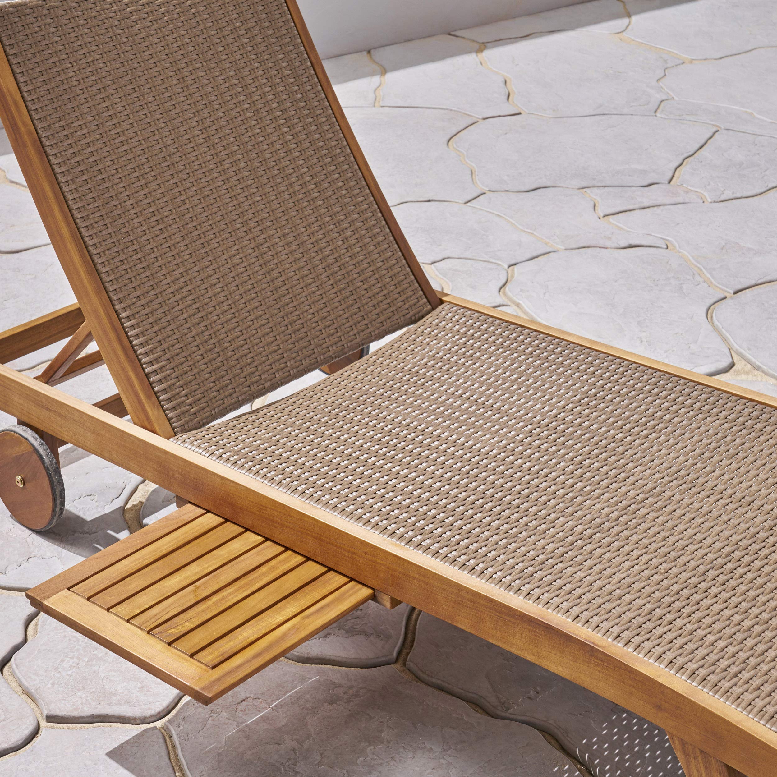 GDFStudio Outdoor Wicker and Wood Chaise Lounge Set of 2 with Pull-Out Tray - Brown Patio Furniture for Poolside, Garden, and Backyard Relaxation