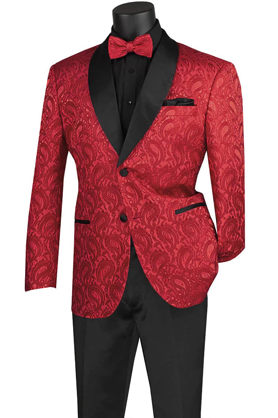 Stylish Red Modern Fit Paisley Jacquard Jacket with Bow Tie - Elegant Blazer for Weddings, Parties & Formal Events