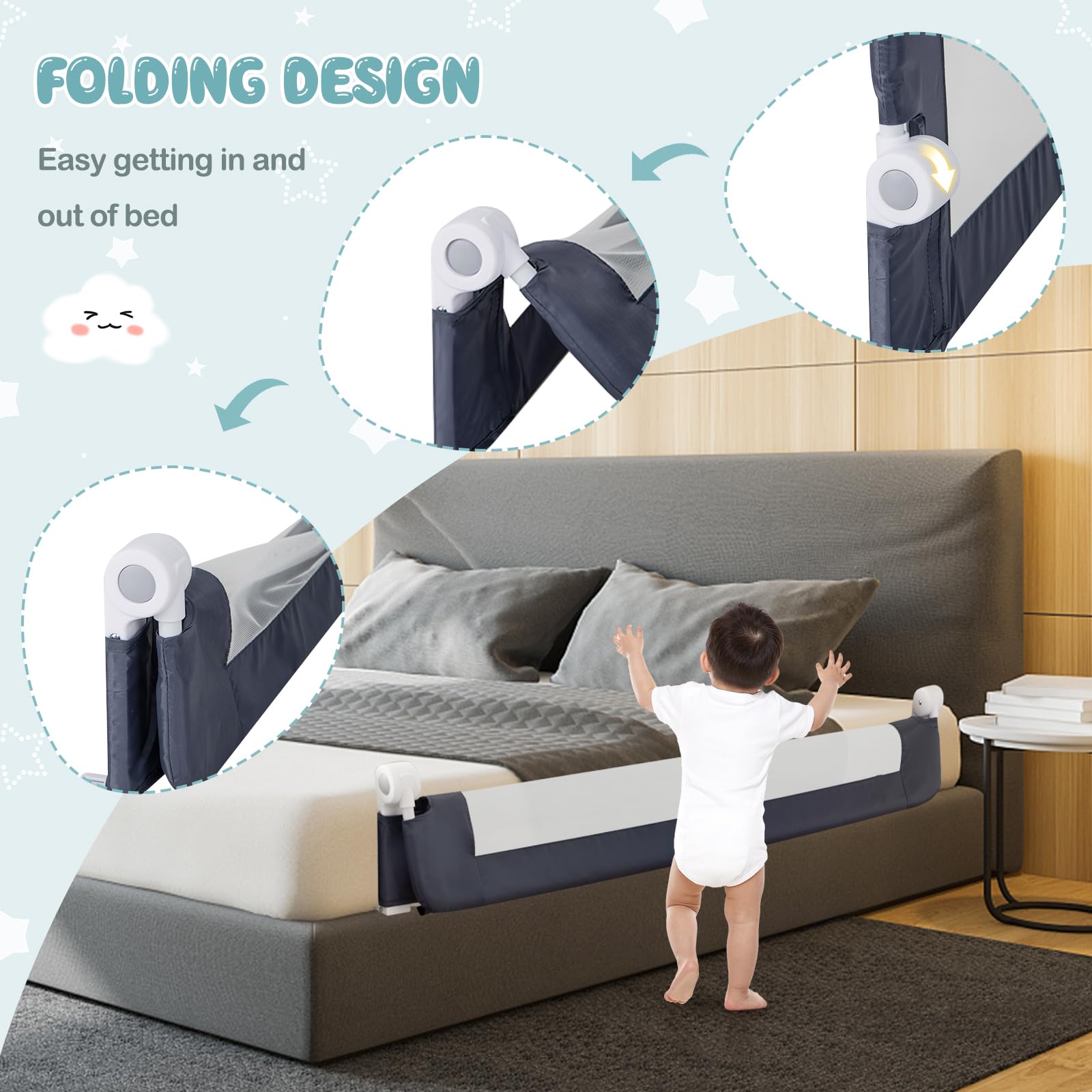 BABY JOY 2-Pack Extra Long Double Sided Swing Down Bed Rail Guard - Folding Safety Bedrail for Convertible Crib & Toddler Beds (Twin/Full/Queen/King Mattress, Dark Gray, 60