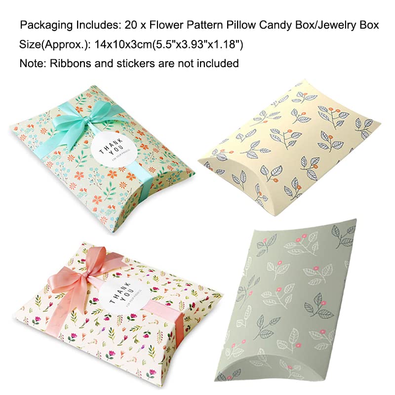 AKOAK 20 Pcs Wedding Favor Pillow Boxes - Elegant Candy Gift Boxes for Wedding, Birthday & Christmas - Green with Leaf Design - Perfect for Party Favors, Bridal Showers & Holiday Gifting