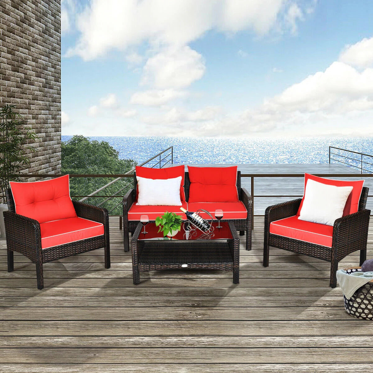 Costway 4-Piece Rattan Patio Furniture Set with Glass Coffee Table for Outdoor Garden, Backyard, Poolside & Balcony Use