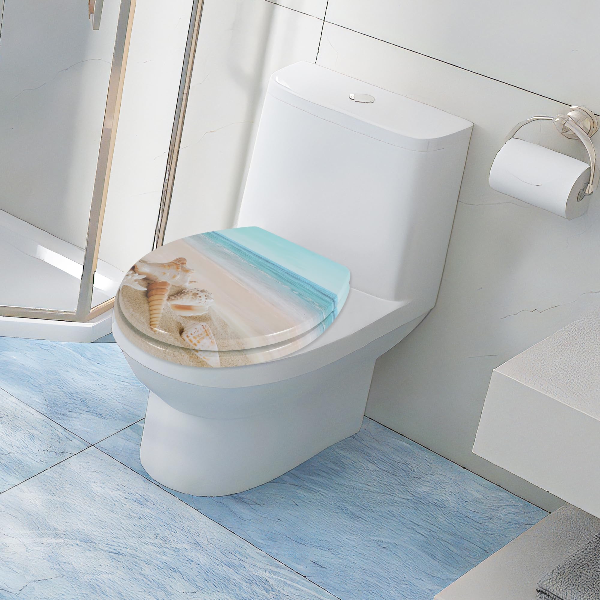 Angol Shield Round Toilet Seat - Molded Wood Toilet Seat with Soft Close Hinges & Quick Release, Easy Installation & Cleaning (Round, Beach) - Perfect for Bathrooms, RVs, and Vacation Homes