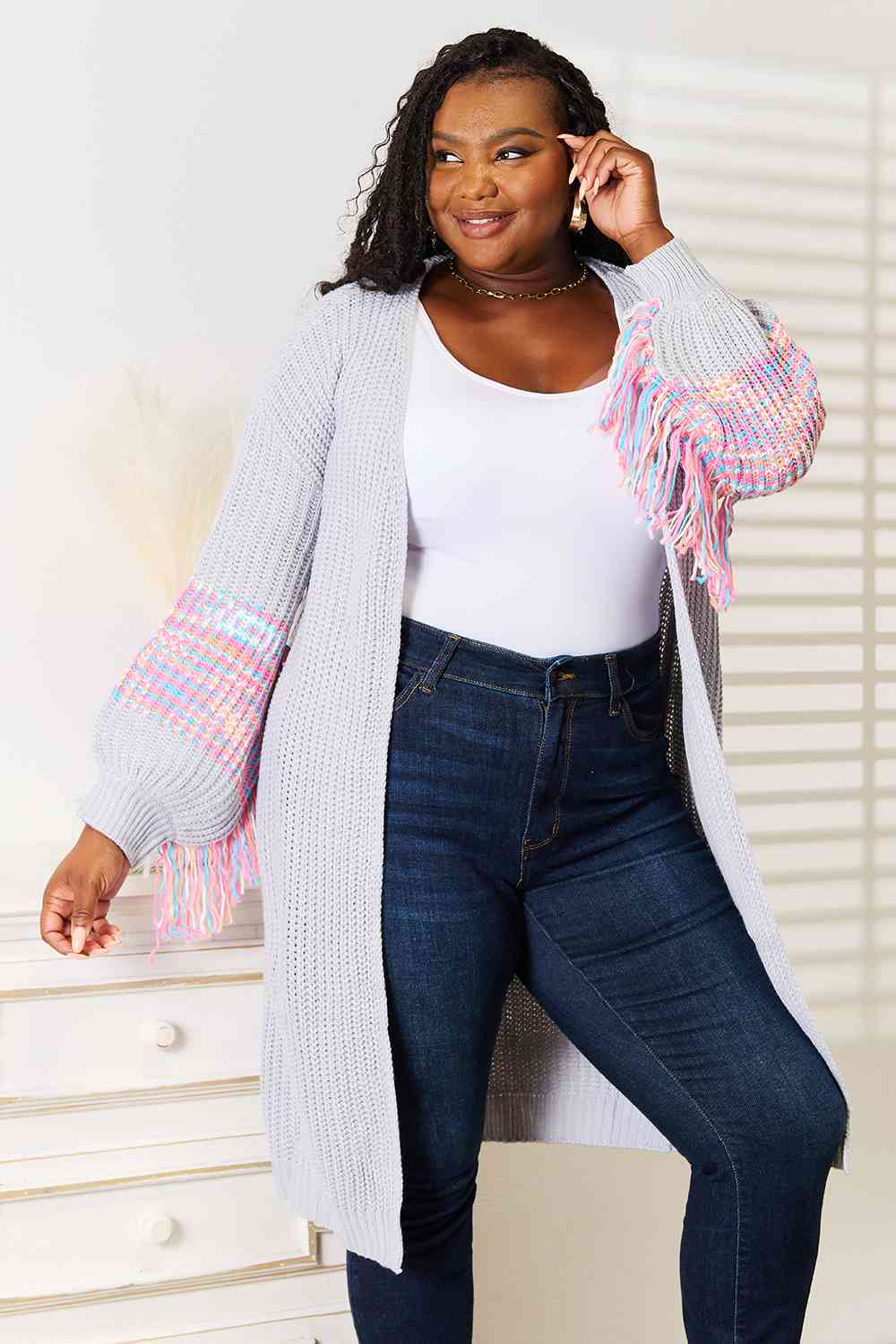 Cloudy Blue Fringe Sleeve Drop Shoulder Cardigan Sweater - Boho Chic Knitwear for Women | Perfect for Fall Layering, Coffee Dates & Casual Outings