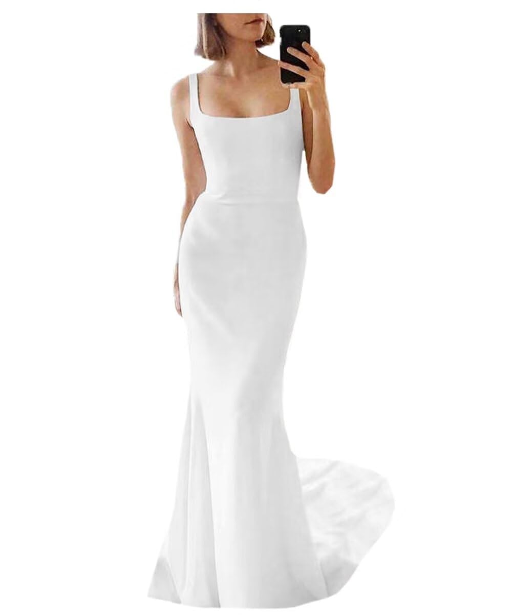 Elegant Satin Mermaid Wedding Dress for Bride - Backless Square Neck Bridal Gown with Train | Perfect for Beach, Church, and Formal Wedding Ceremonies