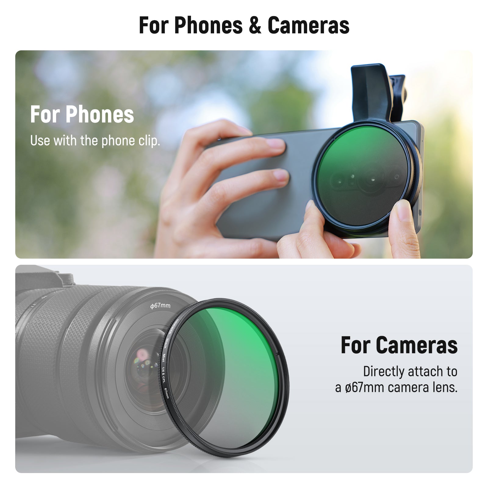 NEEWER 2-in-1 67mm Clip-On CPL & Black Mist Diffusion 1/4 Filter for Smartphone Camera - Enhance Photos & Videos for Social Media, Vlogging, and Professional Photography