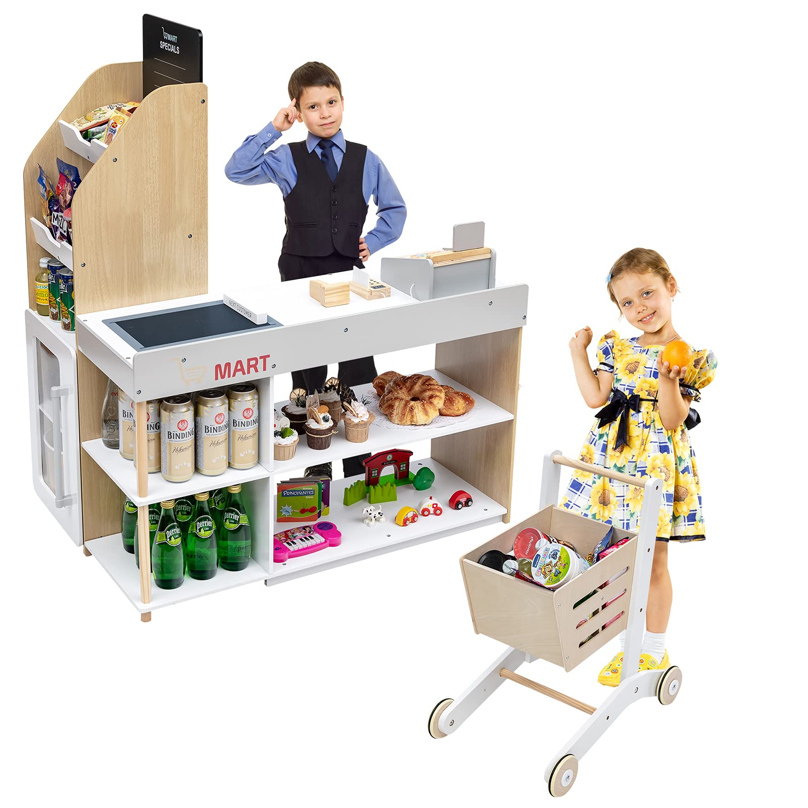 HONEY JOY Wooden Grocery Store Playset for Kids - Pretend Play Supermarket Toy with Shopping Cart, Cash Register, Chalkboard & Play Coins - Educational Role Play Toy for Toddlers & Preschoolers (Play Food Not Included) - Perfect for Home, Classroom & Daycare Pretend Play Activities