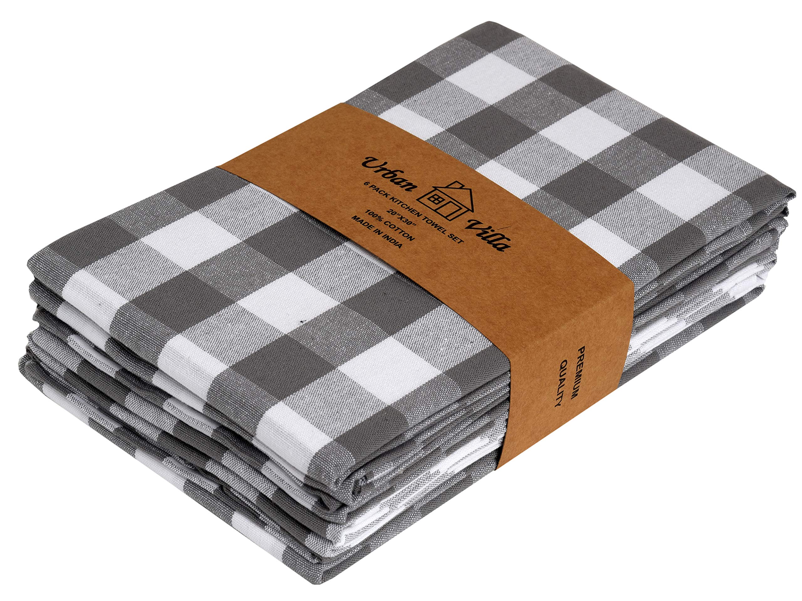 Urban Villa 3-Pack Buffalo Check Grey/White Kitchen Towels 20x30 Inches, 100% Cotton, Highly Absorbent, Ultra Soft Premium Quality for Drying Dishes, Cleaning Surfaces, and Everyday Kitchen Use
