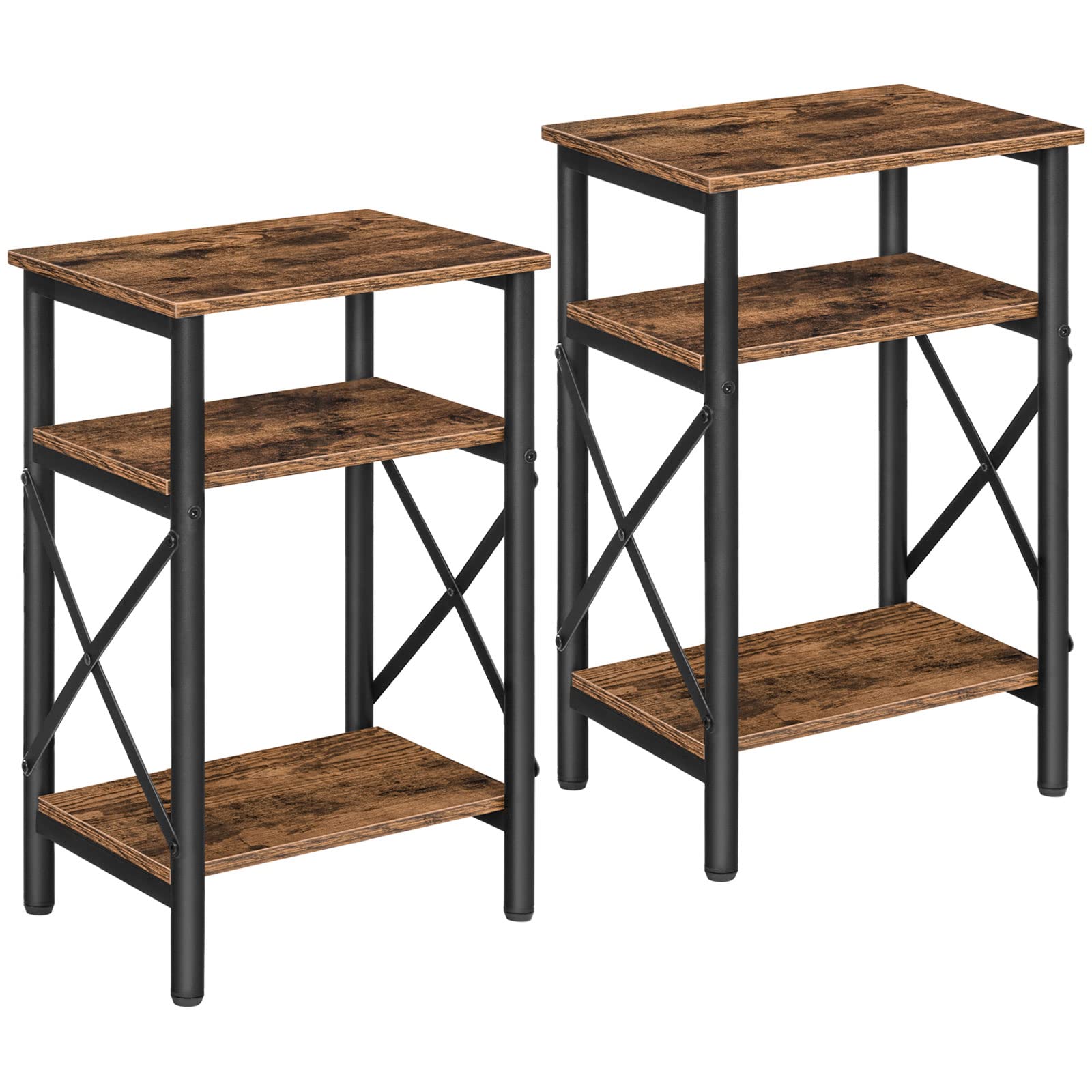 ALLOSWELL 2-Piece Side Table Set with Storage Shelf - Rustic Brown X-Shaped End Tables for Bedroom & Living Room - Sturdy Steel Frame Nightstands Easy Assembly (ETHR3801S2) | Perfect as Bedside Tables, Sofa End Tables or Entryway Accent Furniture