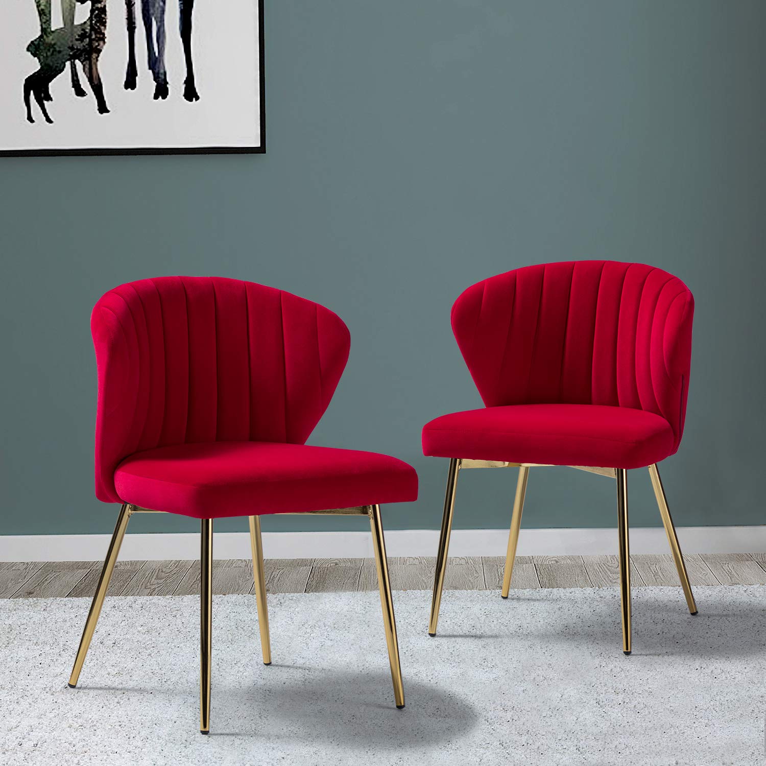 TINA'S HOME Velvet Dining Chairs Set of 2 - Modern Upholstered Side Chairs with Golden Metal Legs, Small Armless Accent Chairs for Living Room, Kitchen, Bedroom & Beauty Salon | Perfect for Small Spaces, Dining Sets and Home Decor (Red)