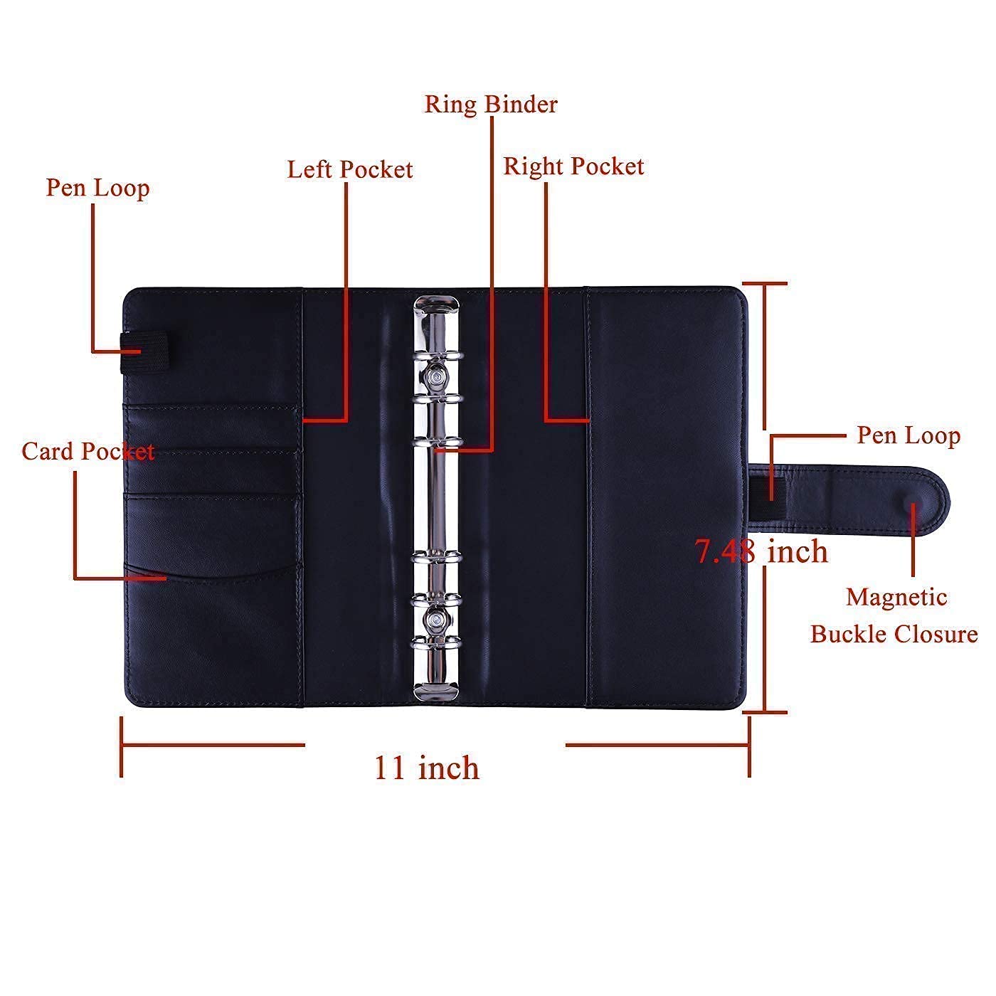 Antner A6 PU Leather Notebook Binder (Black) - 12-Piece Set with 3 Types of 6-Hole Binder Pockets | Perfect for School, Office & Travel Organization