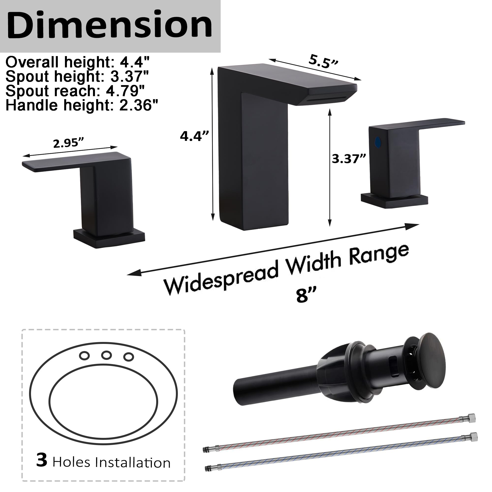 8 Inch Matte Black Widespread Bathroom Faucet - 3 Hole Waterfall Vanity Sink Faucet with Pop-Up Drain & Hoses | Perfect for Bathroom Vanity, RV, and Modern Home Decor