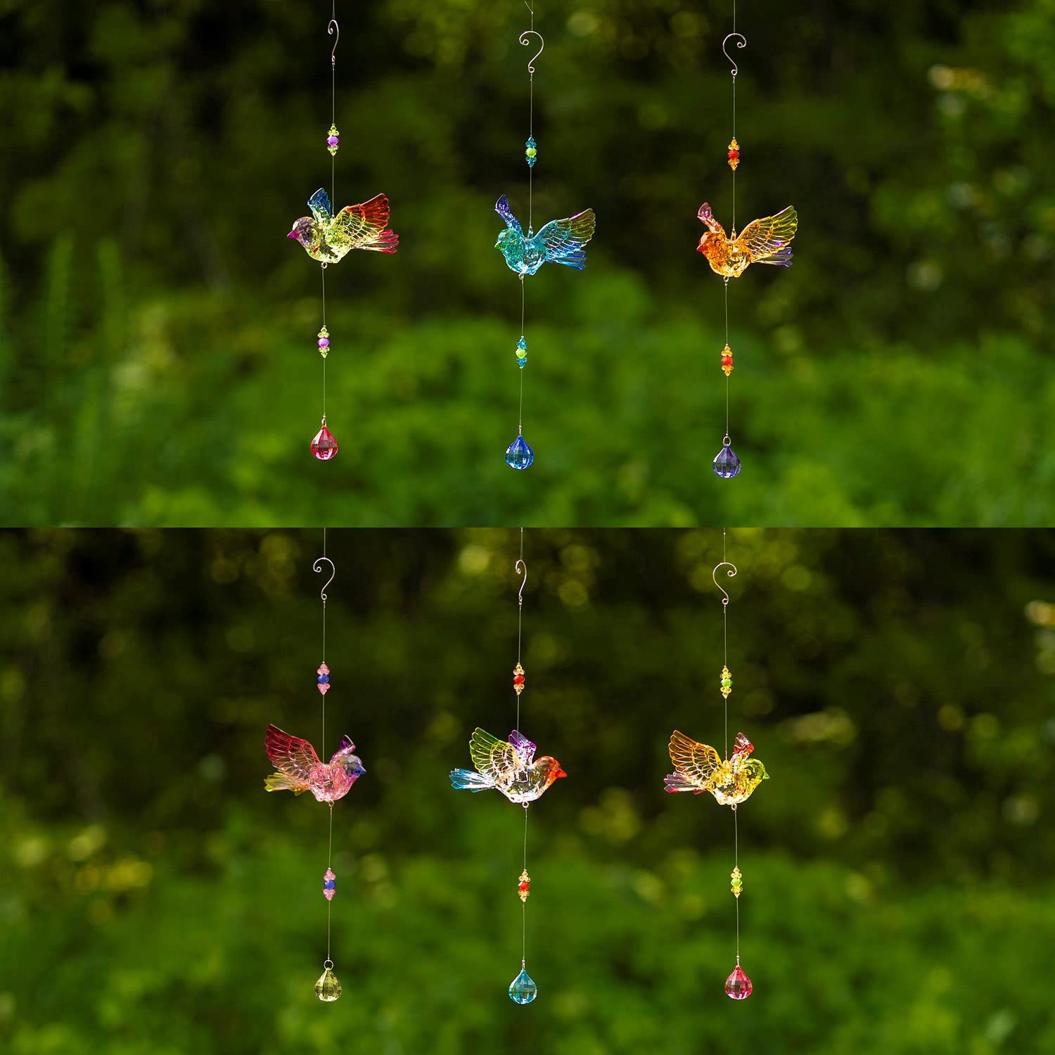 5-Tone Multicolor Crystal-Quality Flying Acrylic Bird Hanging Ornament Decorations - Set of 6 (Robin with Raindrop Dangle) - Perfect for Home, Garden, Wedding, Party & Christmas Tree Decor