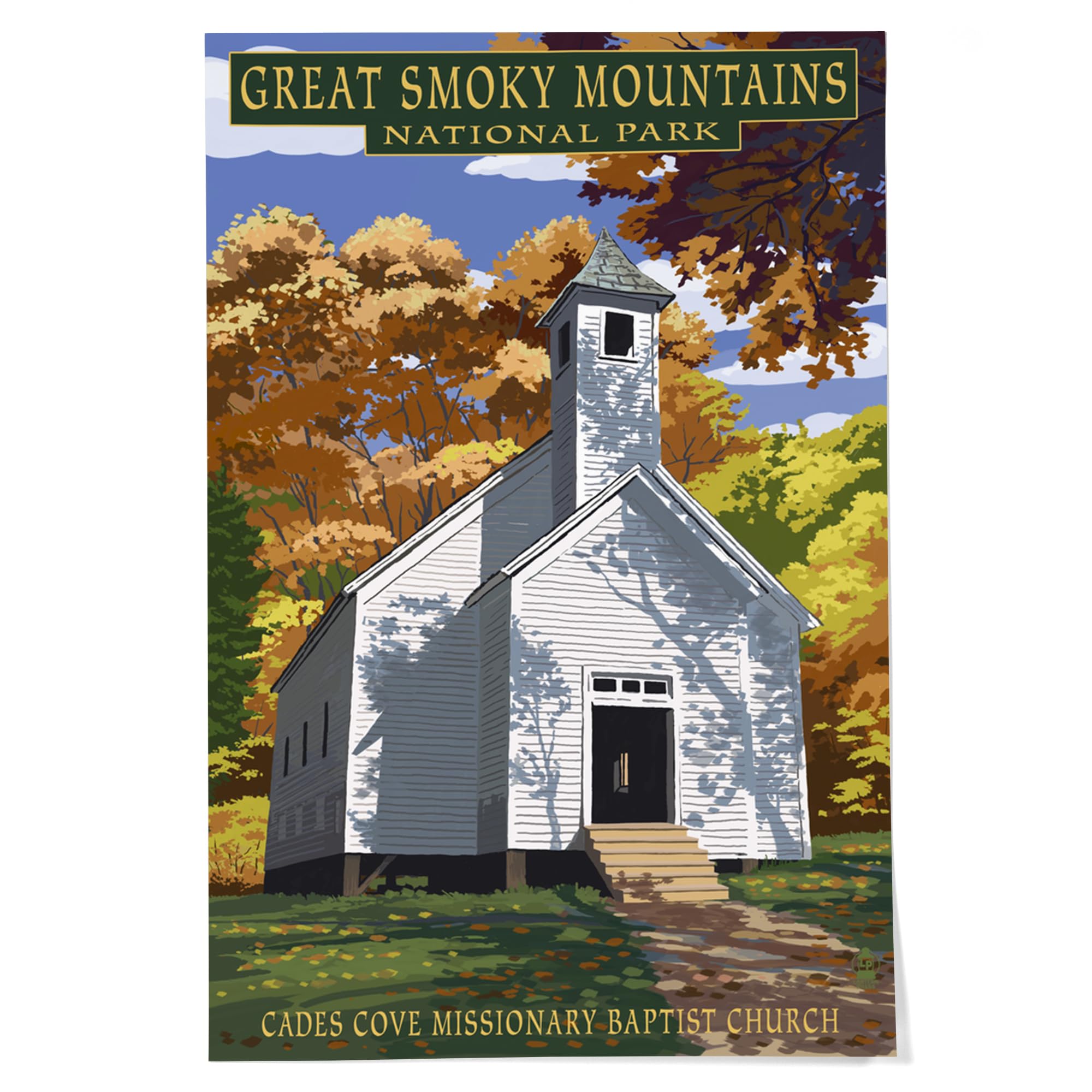 Lantern Press 24x36 Inch Giclee Art Print - Great Smoky Mountains National Park Landscape Wall Decor - Tennessee Cades Cove Baptist Church Painting - Perfect for Living Room, Bedroom & Office Decor
