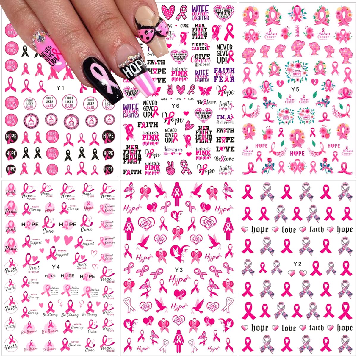 3D Pink Ribbon Breast Cancer Awareness Nail Art Stickers - Self-Adhesive Nail Decals with Heart Design for DIY Manicure - 6 Sheets for Women & Girls - Perfect for Fundraisers, Awareness Events & Supportive Nail Art