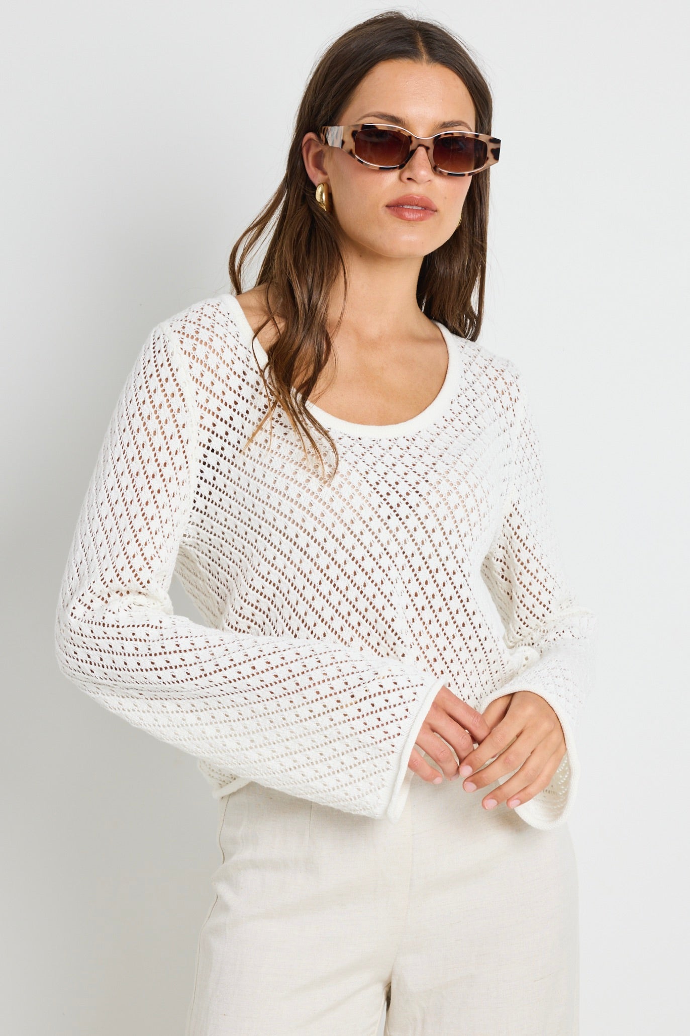Aurora Ivory Scoop Neck Crochet Knit Jumper Sweater - Women's Elegant Lace Pullover for Fall & Winter, Perfect for Dates, Parties and Office Wear