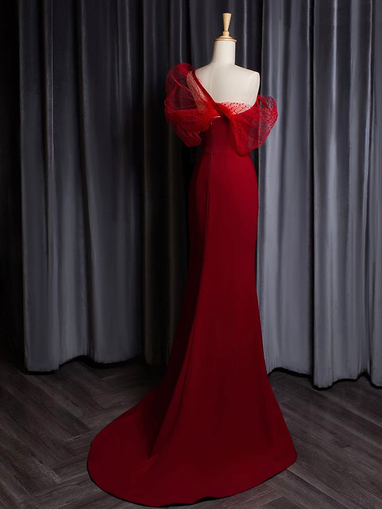 Elegant Burgundy Mermaid One Shoulder Satin Tulle Long Prom Dress - Formal Evening Gown for Homecoming, Wedding, and Special Occasions