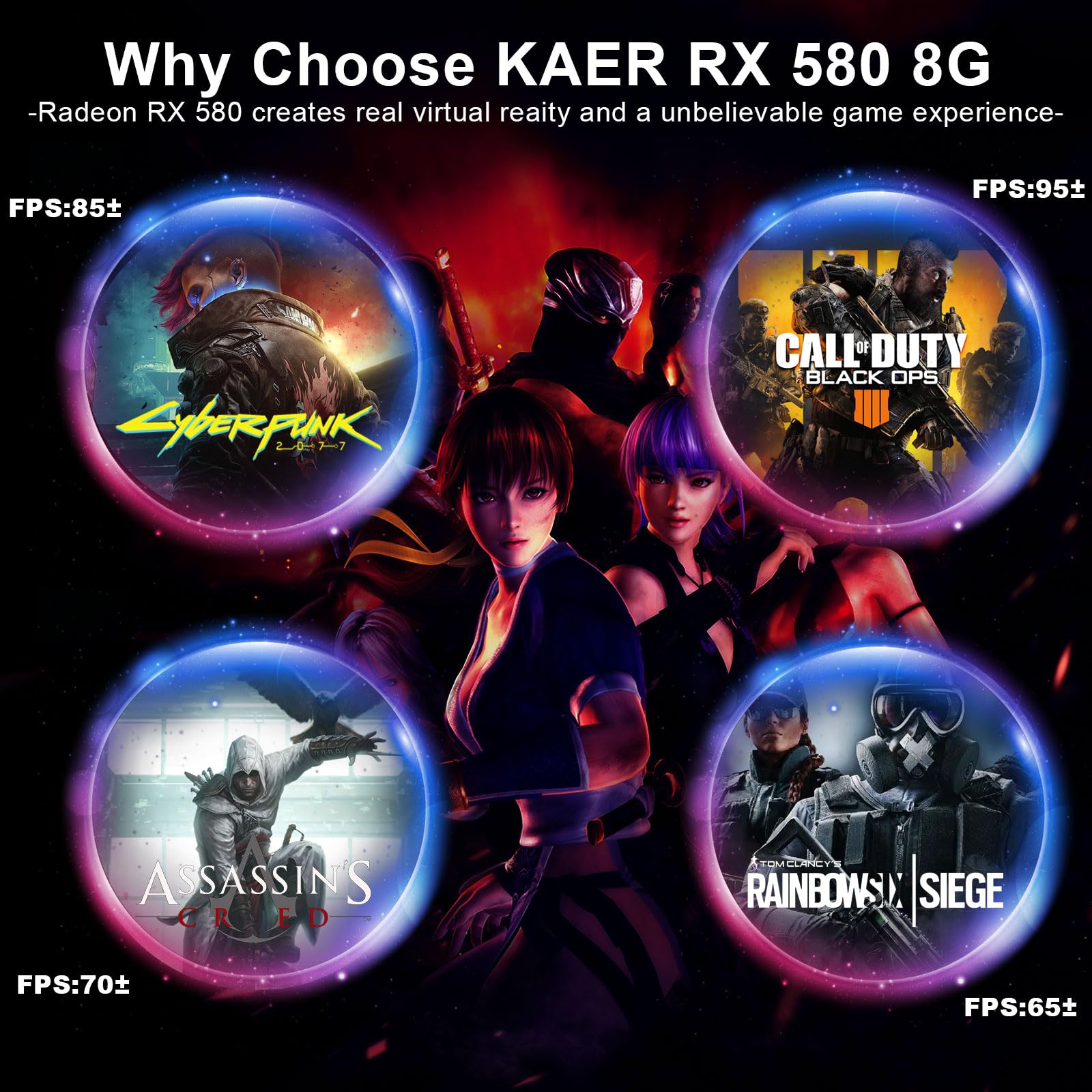 KAER RX580 8GB GDDR5 256-bit Gaming Graphics Card with Dual Fans - 1284/7000MHz, PCIe 3.0, DVI/HDMI/DP - Perfect for PC Gaming, Video Editing & 4K Streaming