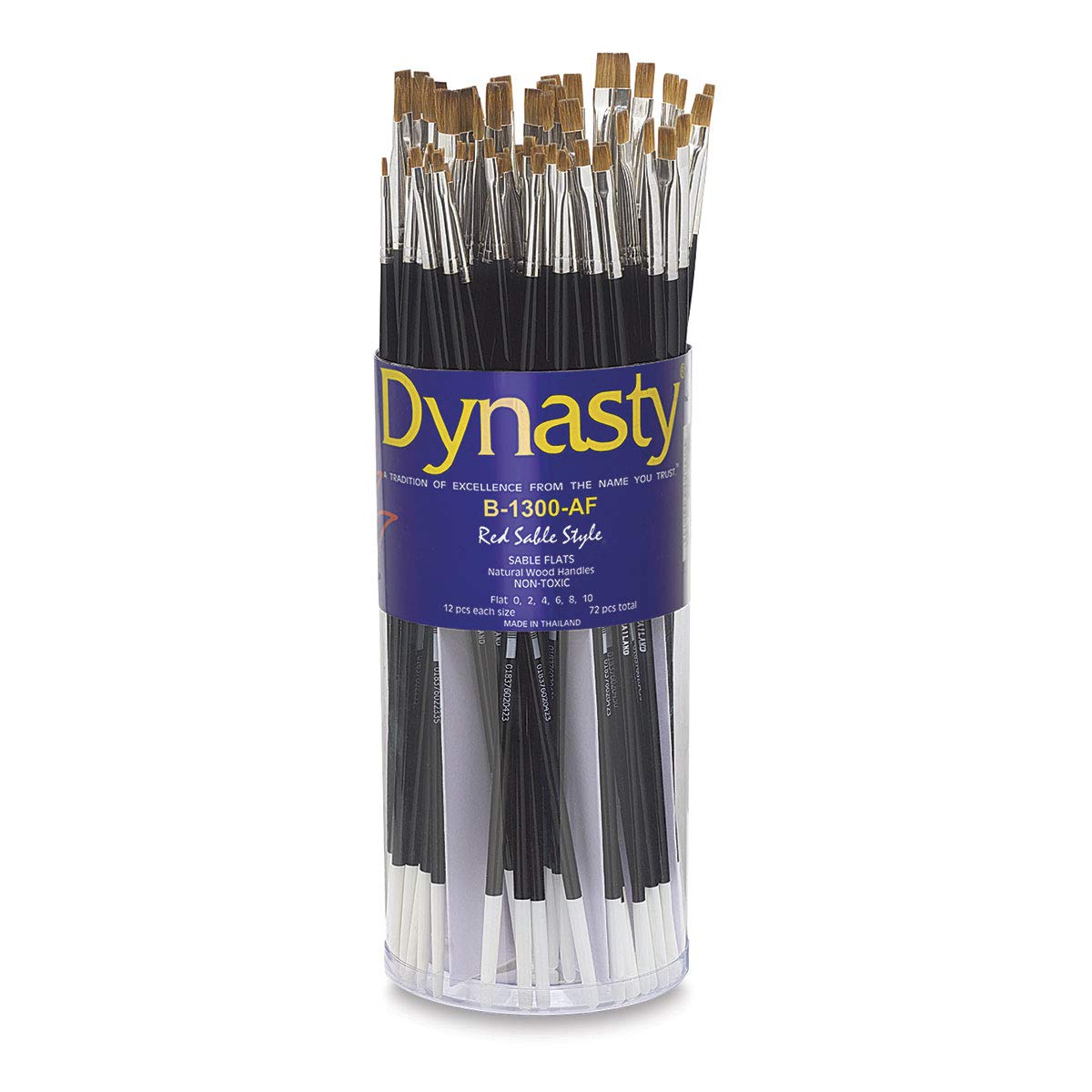 Dynasty B-1300AF Professional Flat Red Sable Hair Paint Brushes - Long Hardwood Handle Artist Brush Set (72-Piece, Assorted Sizes, Black) - Perfect for Oil, Acrylic & Watercolor Painting