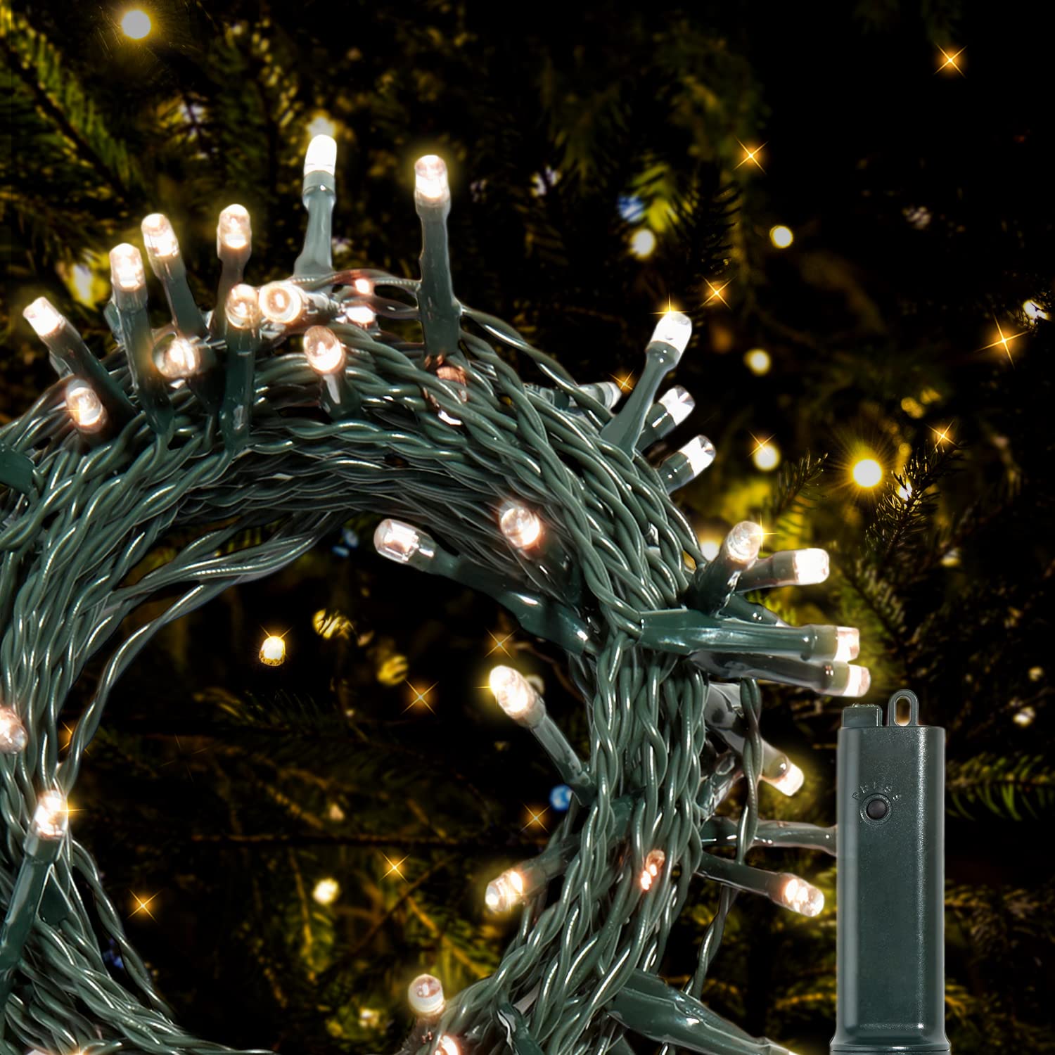 100 Count Battery Operated Christmas Lights - 17.5 Ft White LED String Lights with 8 Twinkle Modes & Timer, Waterproof Green Wire for Indoor Outdoor Holiday Decorations (Perfect for Christmas Trees, Windows, Patios & Garden Lighting)
