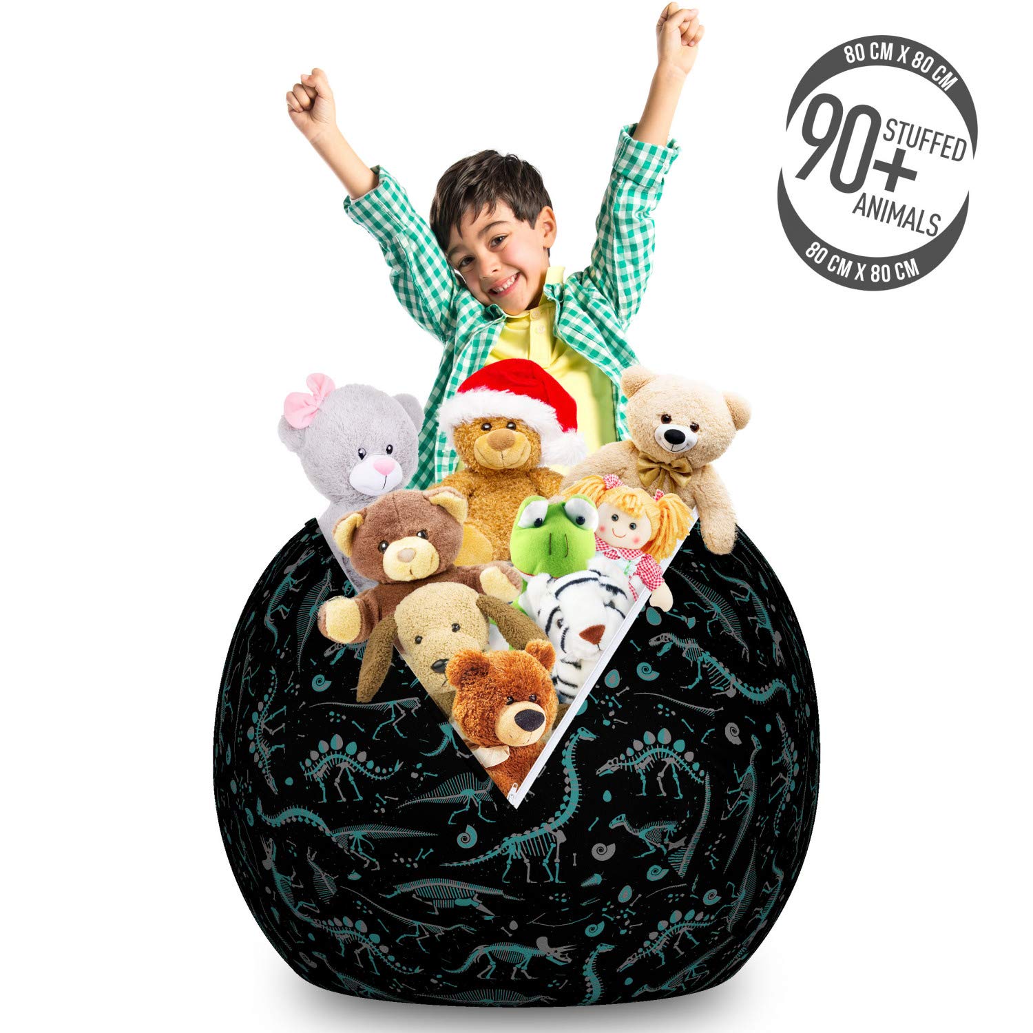 Dinosaur Toy Storage Bag Chair - Large Washable Organizer with Fossil Pattern & Egg Design, Grey Green - Perfect for Kids' Room, Playroom & Stuffed Animal Organization