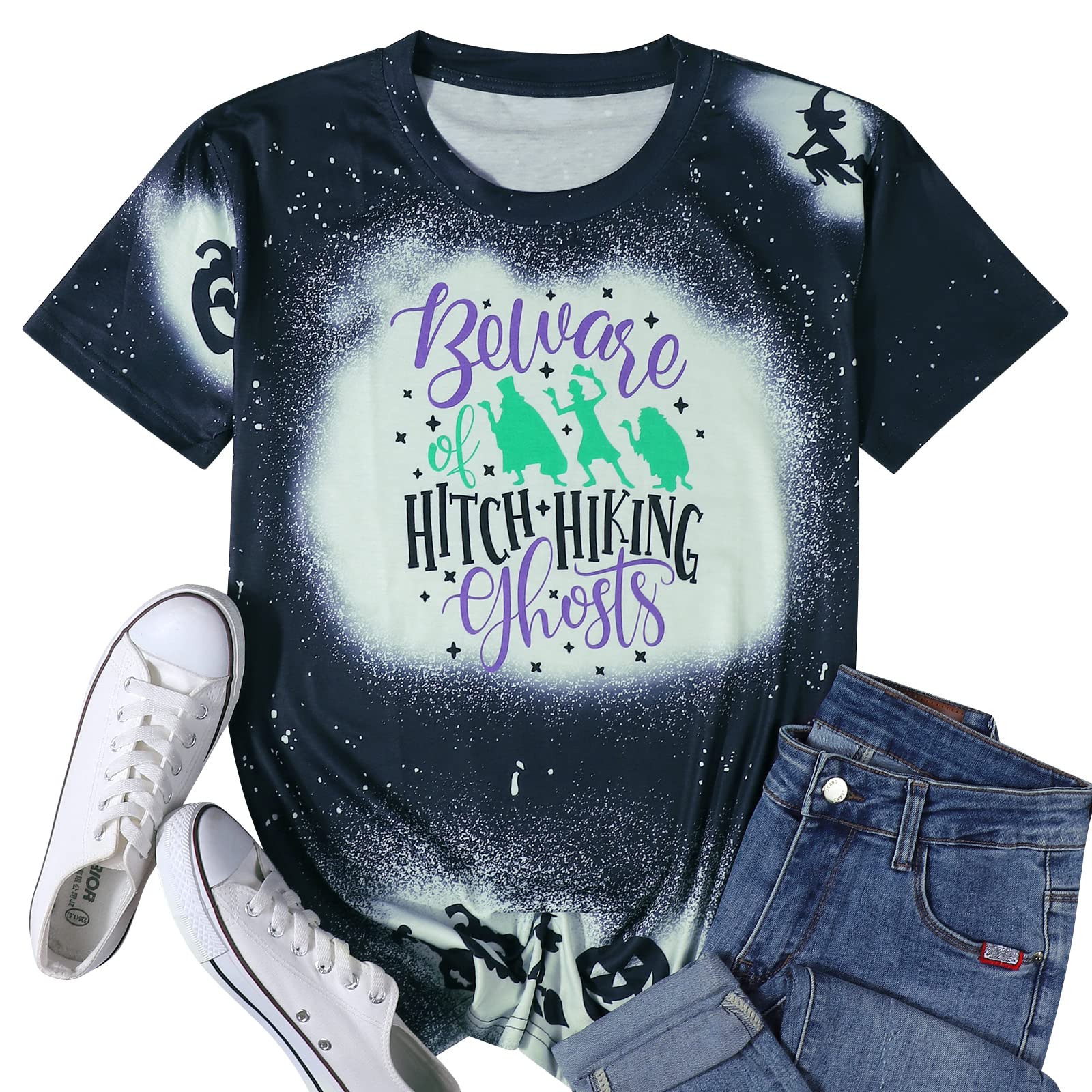 Funny Beware of Hitch Hiking Ghost T-Shirt for Women - Halloween Haunted Shirt Short Sleeve Tee - Perfect for Halloween Parties & Spooky Costumes