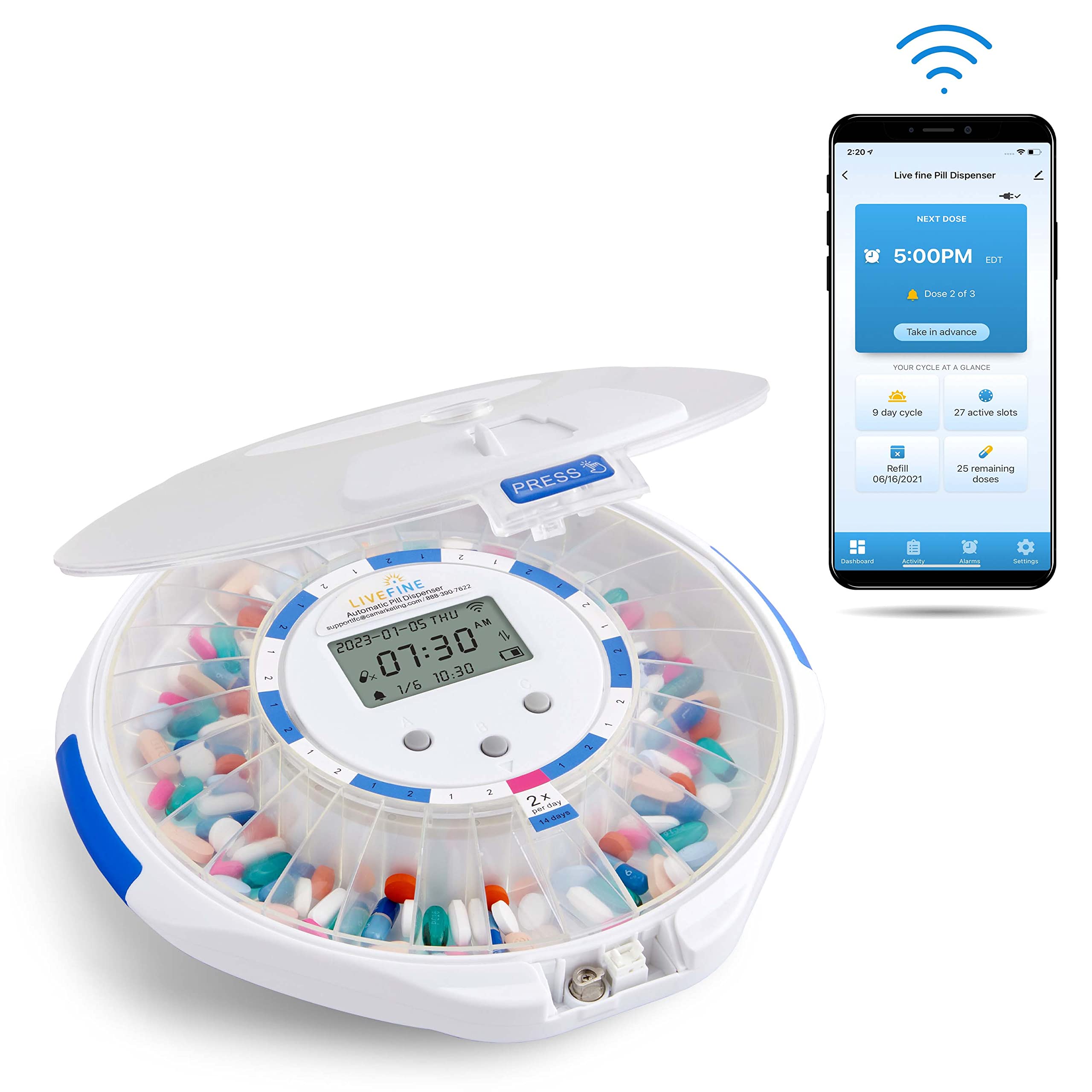 Smart WiFi Automatic Pill Dispenser with Frosted Lid – 28-Day Medication Organizer, 9 Daily Doses | Care Monitoring with Lock Key, Light & Sound Alarms for Prescriptions & Vitamins | Ideal for Elderly Care & Medication Management