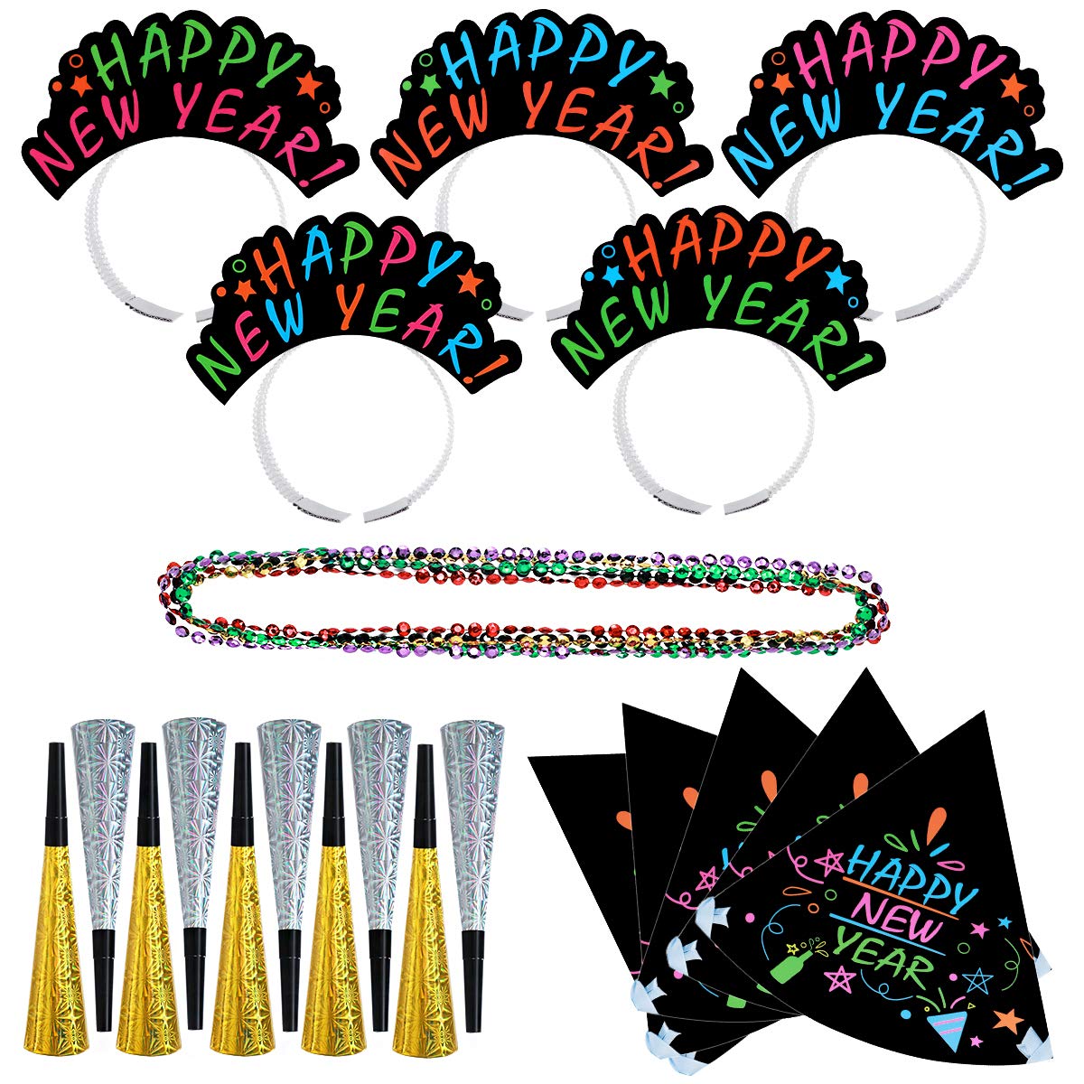 Amosfun 2020 New Year Party Photo Booth Props Kit - 25-Pack Includes Happy New Year Hats, Headbands & Noise Makers for NYE Celebration - Perfect for New Year's Eve Parties, Countdown Events & Family Gatherings