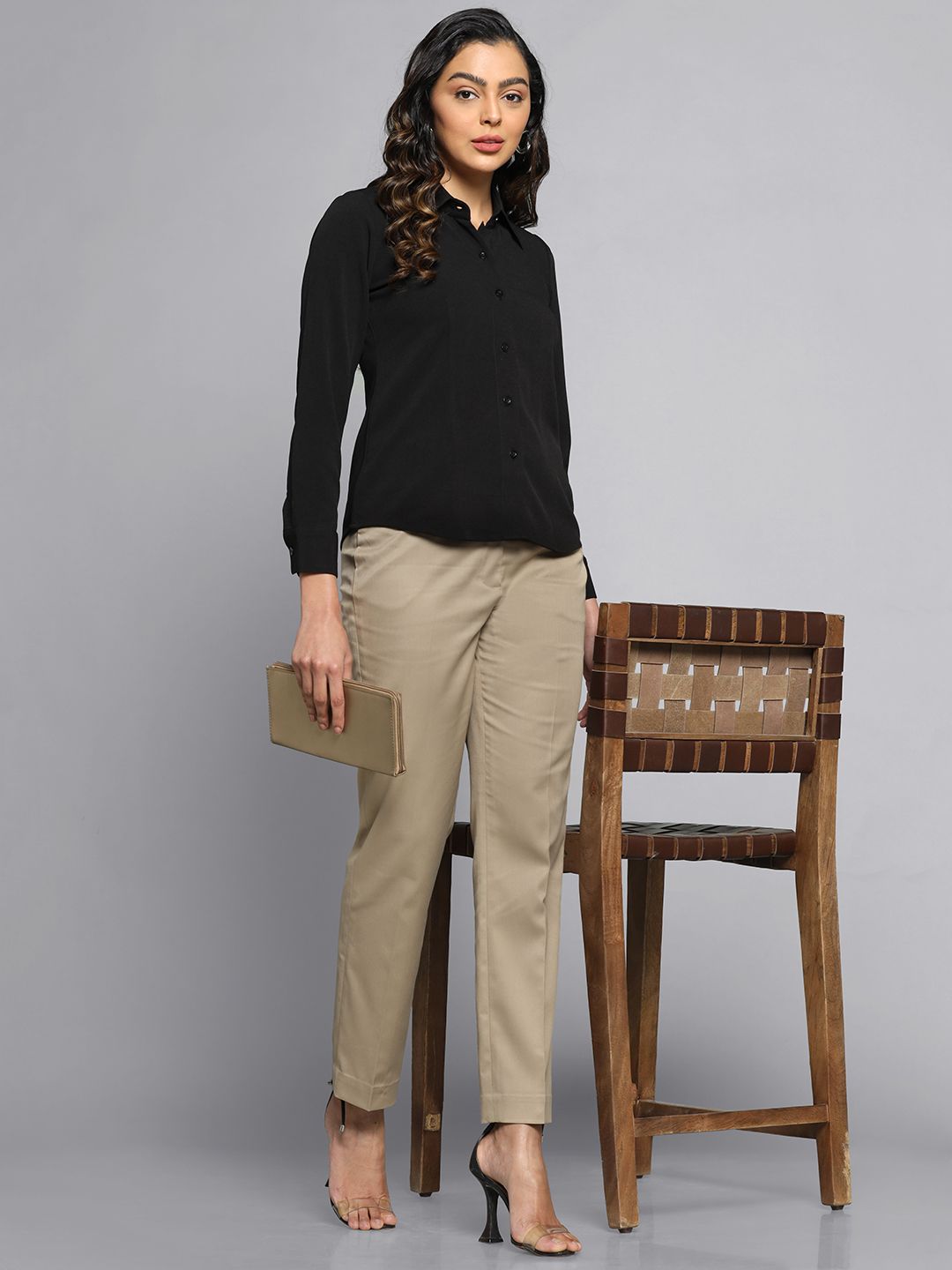 Breathable Poly Cotton Mid Waist Regular Fit Pants for Women - Comfortable Bamboo Beige Work Pants | Office Wear, Business Casual & Everyday Comfort