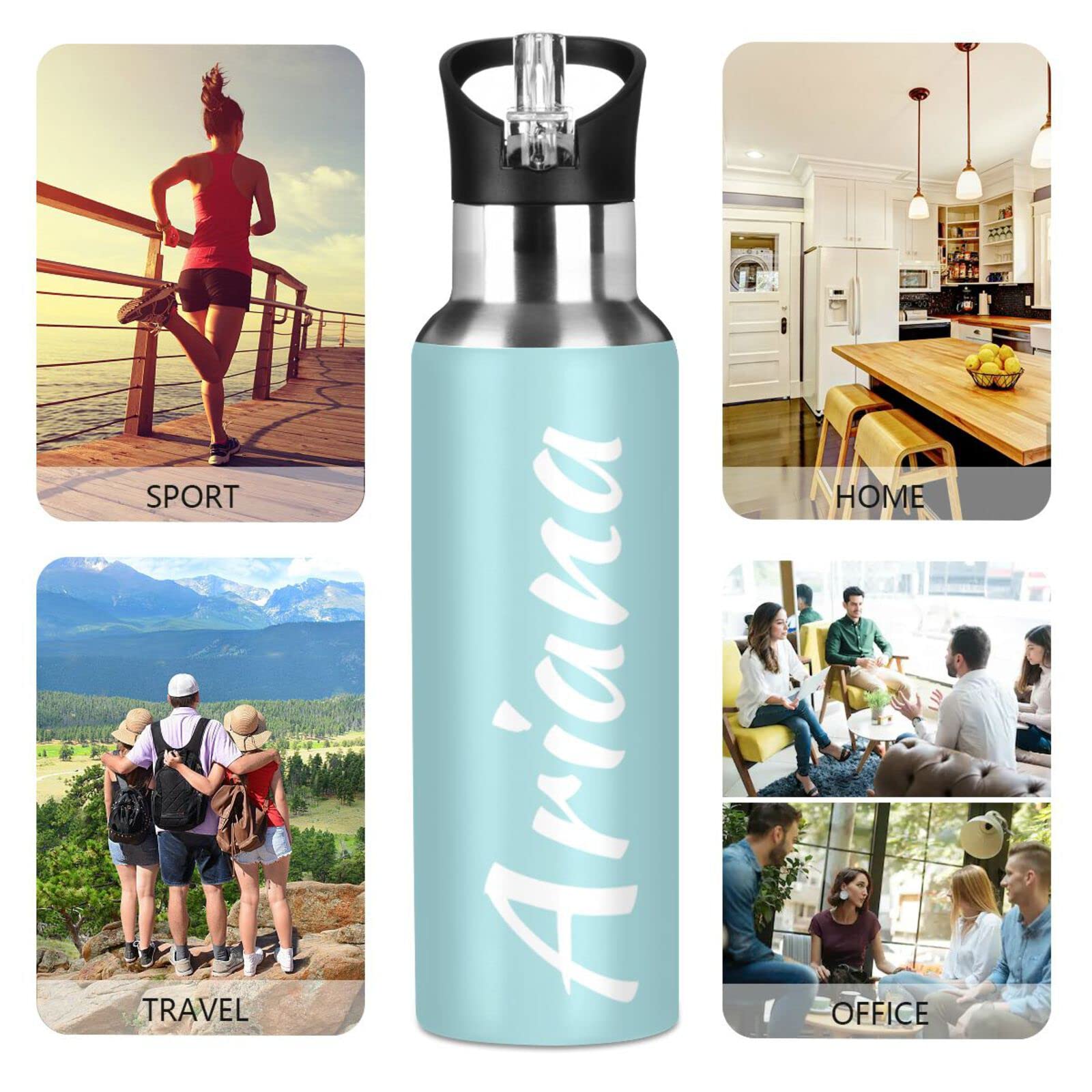 Custom 20oz Insulated Vacuum Water Bottle with Straw Lid - Personalized Blue Sports Bottle for Hiking, Gym & Outdoor Activities | Leakproof & Durable