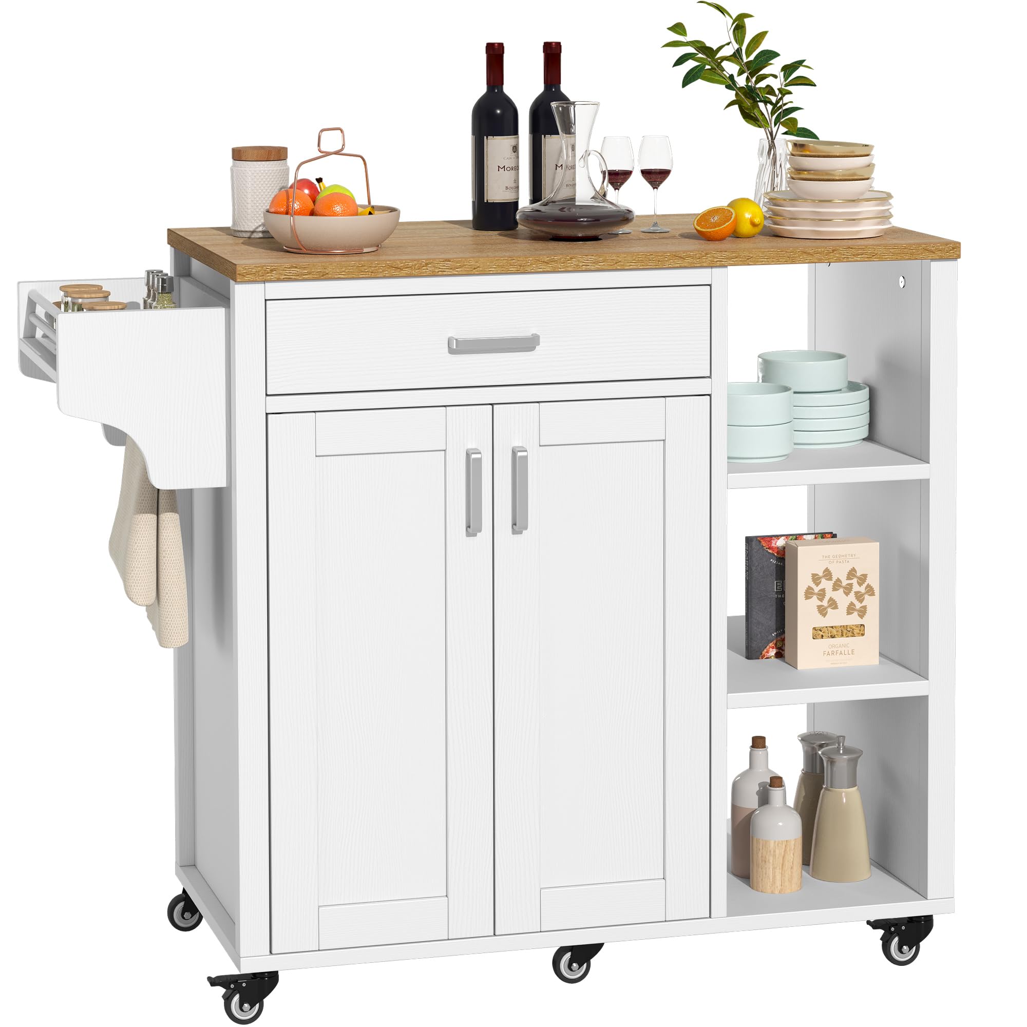 YITAHOME White Kitchen Island Cart with Storage - Rolling Mobile Kitchen Island with Drawers, Open Shelves, Wine Rack & Spice Rack - Perfect for Small Kitchens, Dining Rooms & Apartment Cooking Spaces