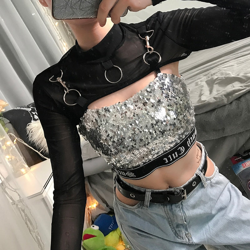 Gothic Punk Black Mesh Long Sleeve Crop Top with Metal Rings - Perfect for Halloween, Concerts & Alternative Fashion Outfits