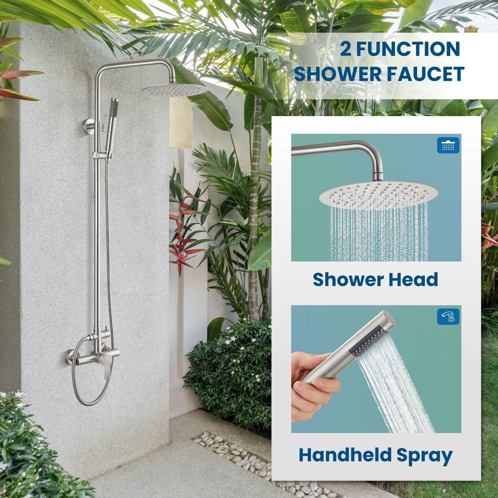 Gotonovo Outdoor Shower Faucet Set - SUS304 Stainless Steel Rainfall Shower Head with High Pressure Hand Spray, 2-Function Wall Mount System in Brushed Nickel (8 Inch) - Perfect for Patio, Poolside, and Garden Use