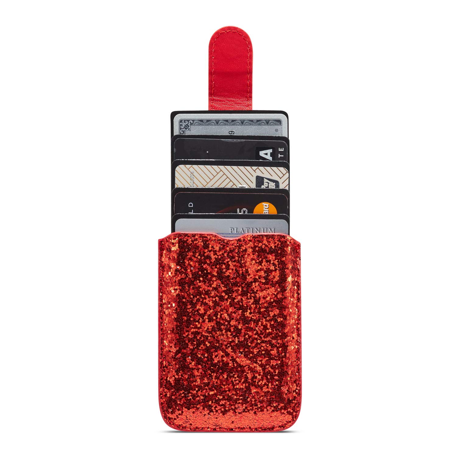 Glitter 5 Cards Holder Cell Phone Pouch - RFID Blocking Stretchable Wallet with Adhesive Back for iPhone 16/15, Galaxy S24 Ultra/Note 20, A55/A74 - Stick on Smartphone Credit Card ID Holder (Glitter Red) | Perfect for Shopping, Travel & Everyday Use