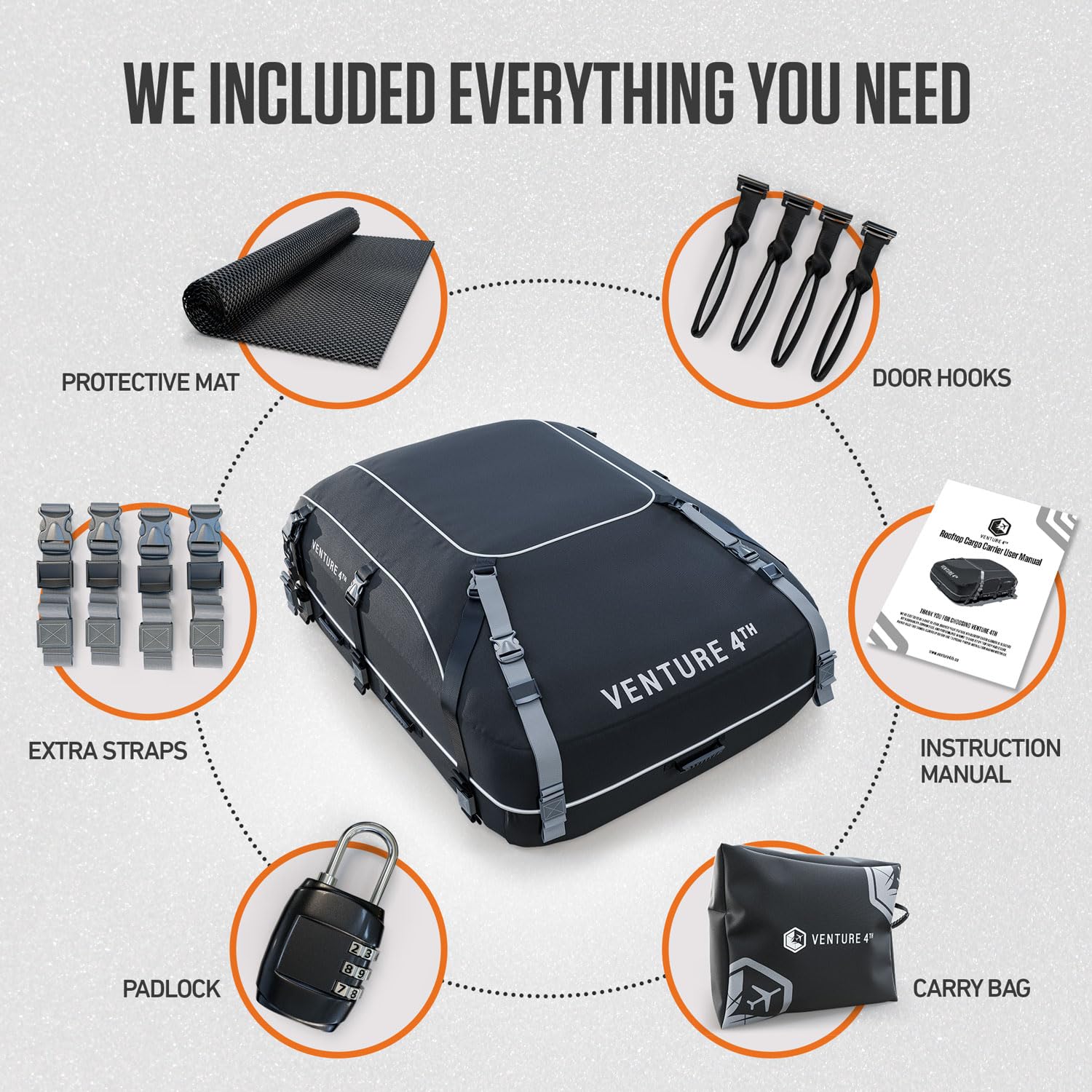 VENTURE 4TH 21 Cubic Feet Waterproof Rooftop Cargo Carrier Bag - Heavy Duty Car Roof Storage with Tie-Down & Compression Straps - Fits SUVs, Sedans, Trucks (With/Without Roof Racks) - Perfect for Road Trips, Camping & Travel Gear Storage