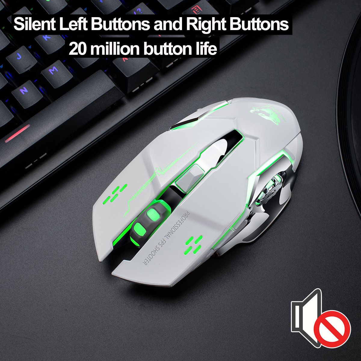 LexonElec Rechargeable Wireless Mouse - 2.4GHz Silent Optical Gaming Mouse with 7-Color LED Backlight, 1800DPI, 6 Buttons, Ergonomic Design for PC & Laptop (White) | Perfect for Office Work, Gaming, and Home Use