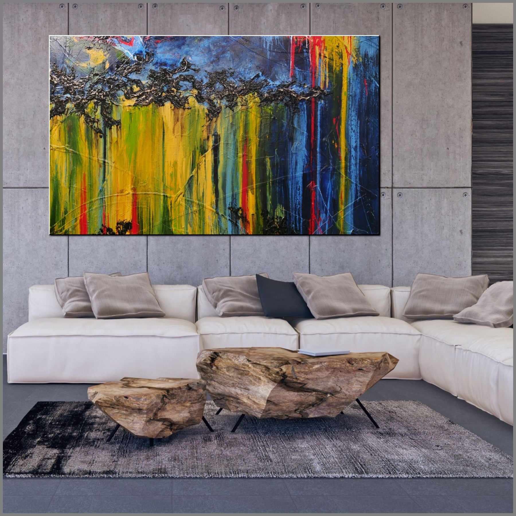 Midnight Falls 280cm x 170cm Blue Yellow Textured Abstract Canvas Art - Modern Wall Decor for Living Room, Bedroom & Office