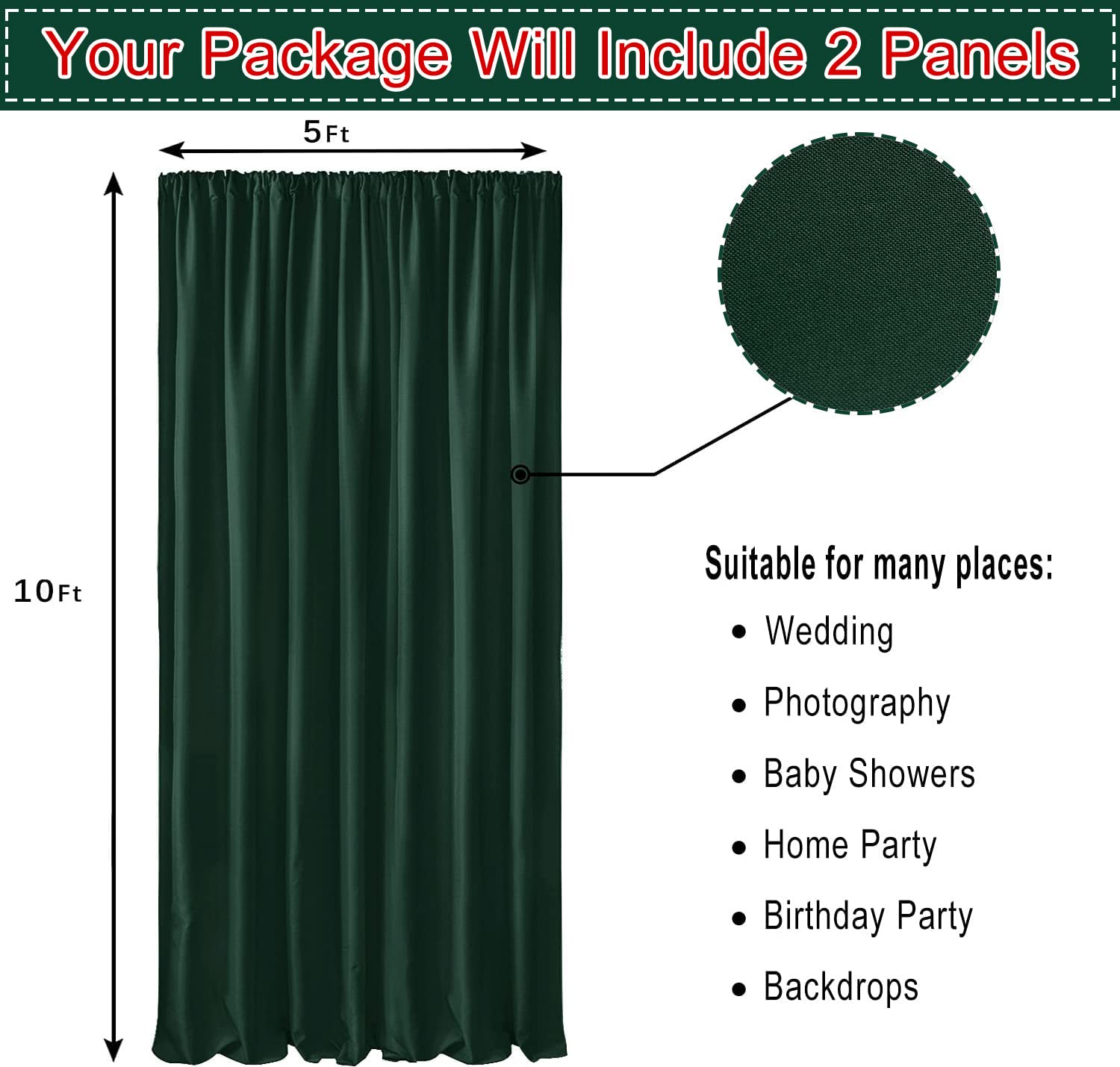 Hunter Green Backdrop Curtains 5x10ft - 2 Panels for Photography, Baby Showers & Weddings